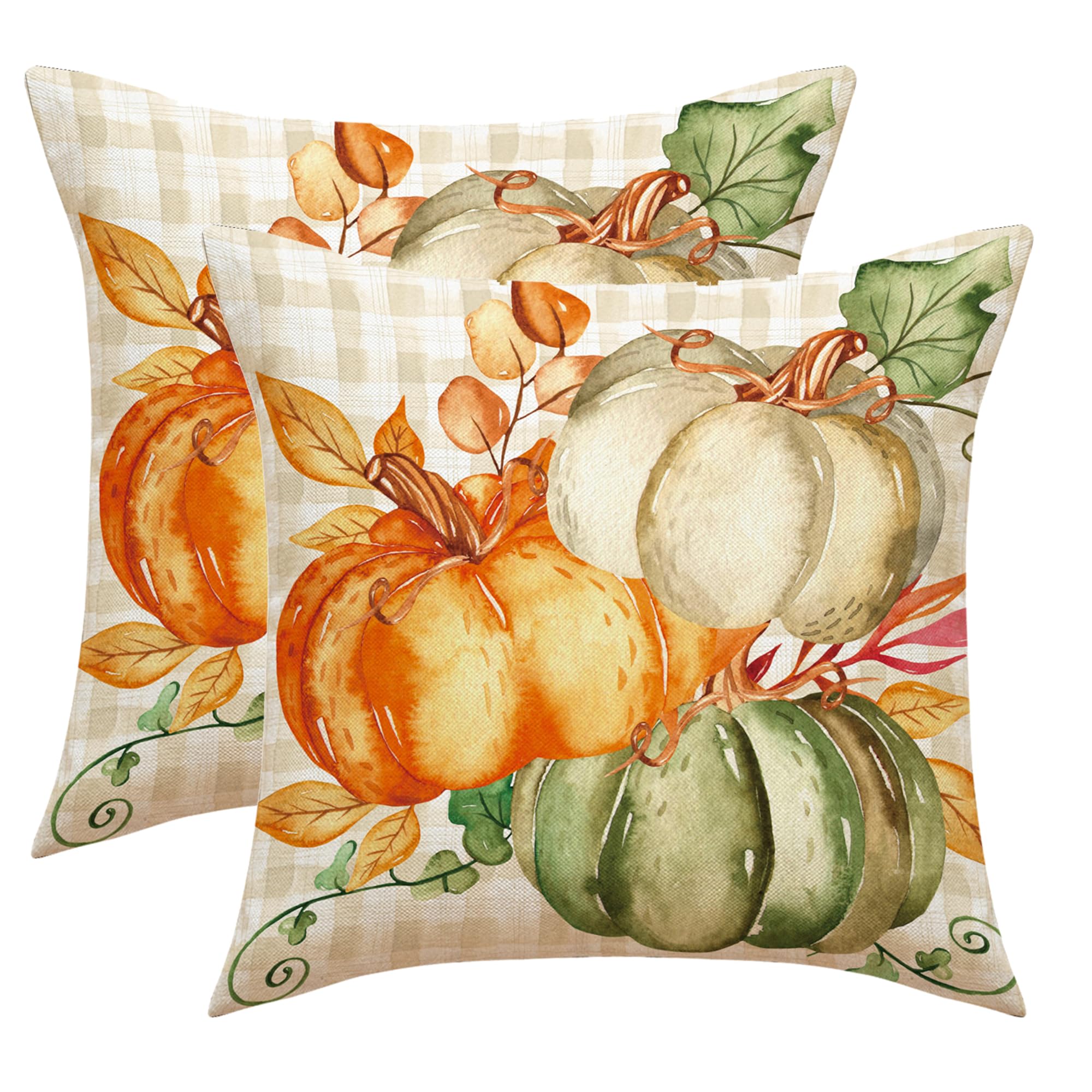 Aitukang Fall Pillow Covers 18x18 Set of 2 Autumn Pumpkin Buffalo Plaid Leaves Decorative Throw Pillow Cover Thanksgiving Cushion Case for Sofa Couch Farmhouse Indoor Outdoor Fall Decorations
