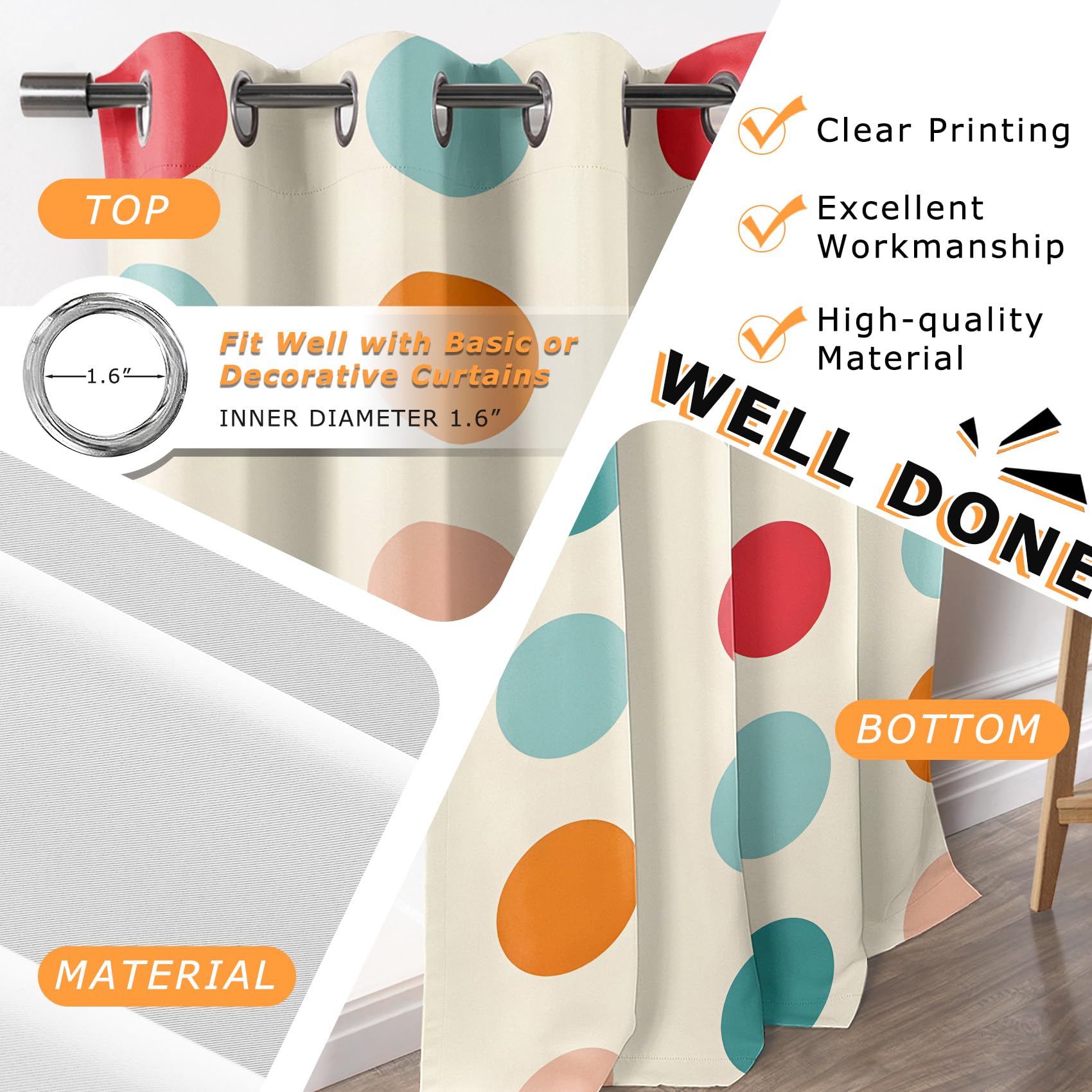 Vorhänge Polka Dots - Mignon Bunte Punkte Geometrische Fenster Gardinen mit Ösen, Vorhang Blickdicht Verdunklungsvorhänge Thermovorhang für Wohnzimmer Deko 2er Set, H 245 x B 140 cm M#-207