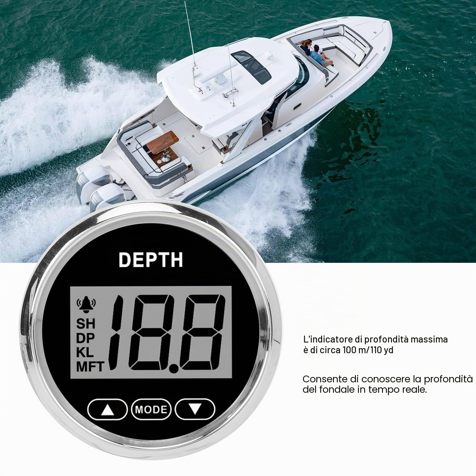 Misuratore di profondità EIMSOAH digitale per barche, 52 mm / 2 pollici, impermeabile, con trasduttore Dash Dash Finder, max 100 m/110 m