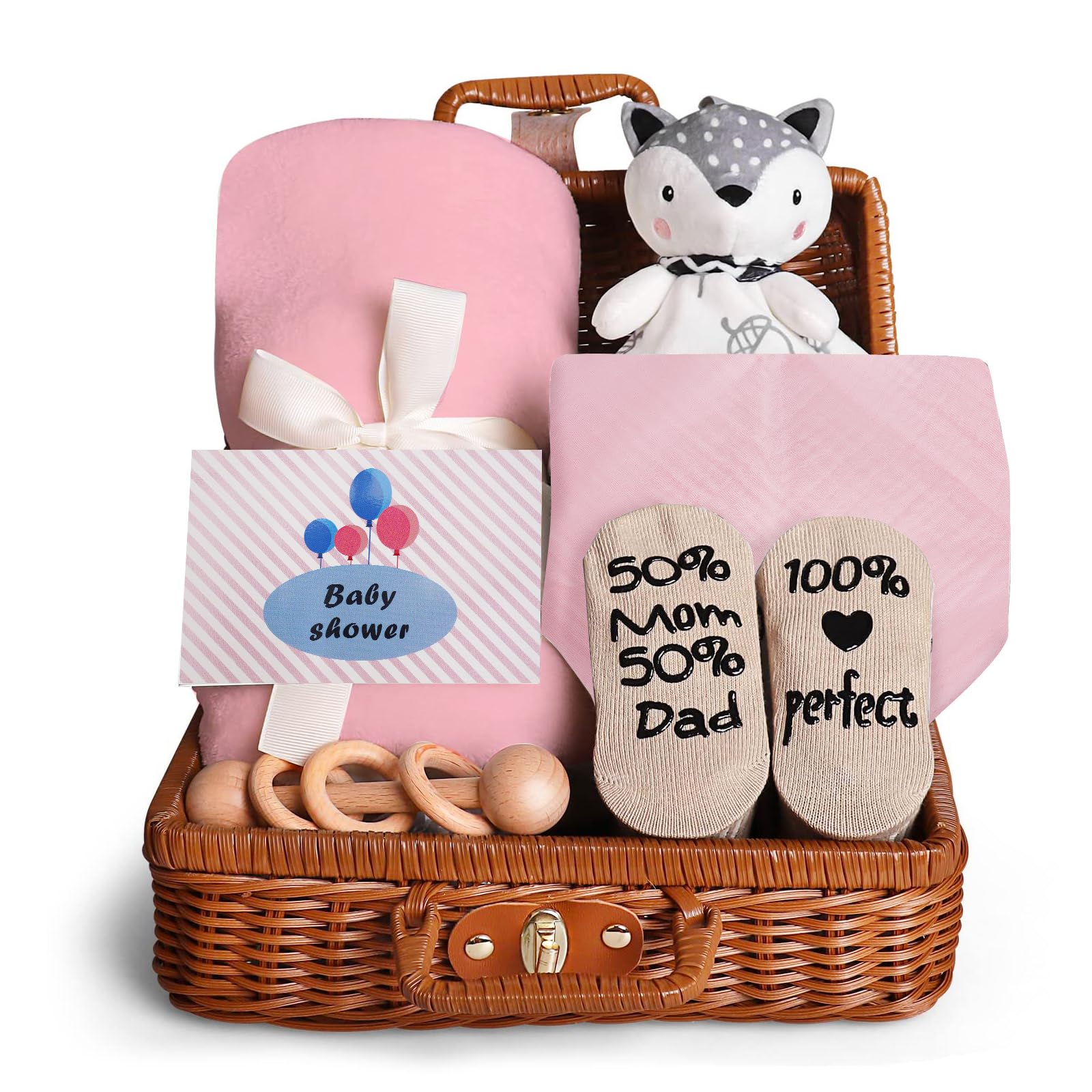 Set regalo per neonati alla nascita – 7 in 1 regalo per neonati per maschietto & femminuccia con coperta, spugna, sonaglio in legno, bavaglino, calzini e scatola dei ricordi – regali per neonati alla