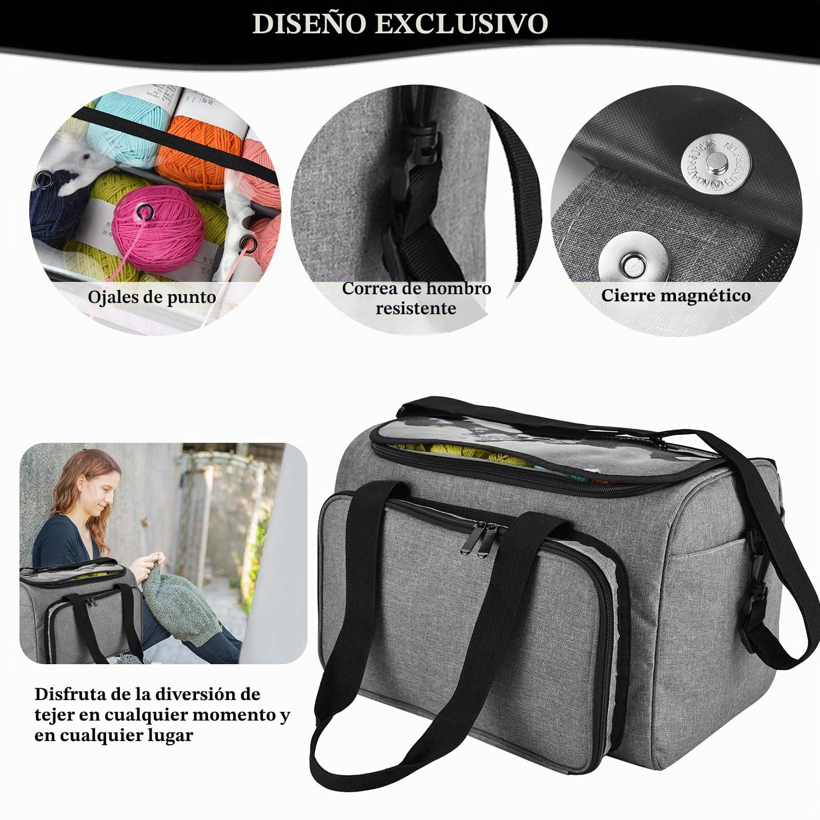 Coopay Bolsa de Hilo, Bolsa de Manualidades para Kit de Ganchillo y Almacenamiento de Kit de Punto de Cruz, Organizador de Hilo para Principiantes y Profesionales, Tela Oxford, Gris