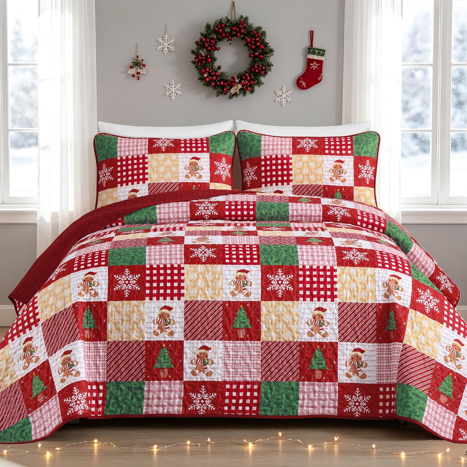 Mybedsoul Christmas Bedding Set, Christmas Patchwork Quilt Set Queen