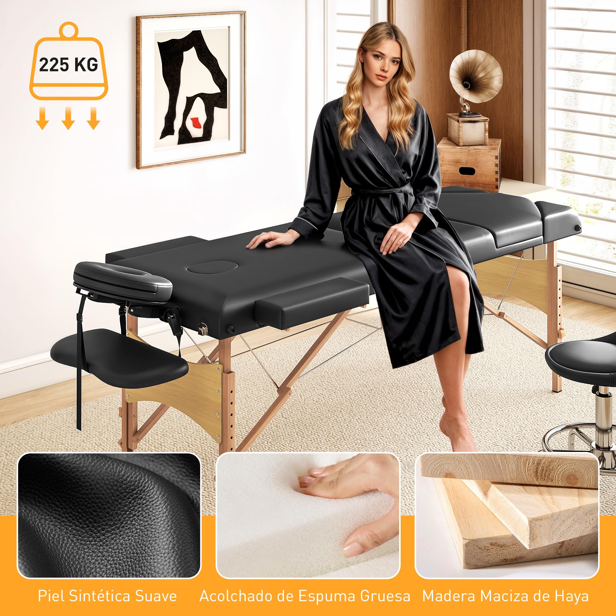 HOMCOM Camilla Masaje Plegable Portátil Camilla Estética Profesional de Madera de 3 Zonas con Altura Ajustable Reposacabezas Reposabrazos Acolchados para SPA Pestañas Tatuajes 215x60x62-89 cm Negro