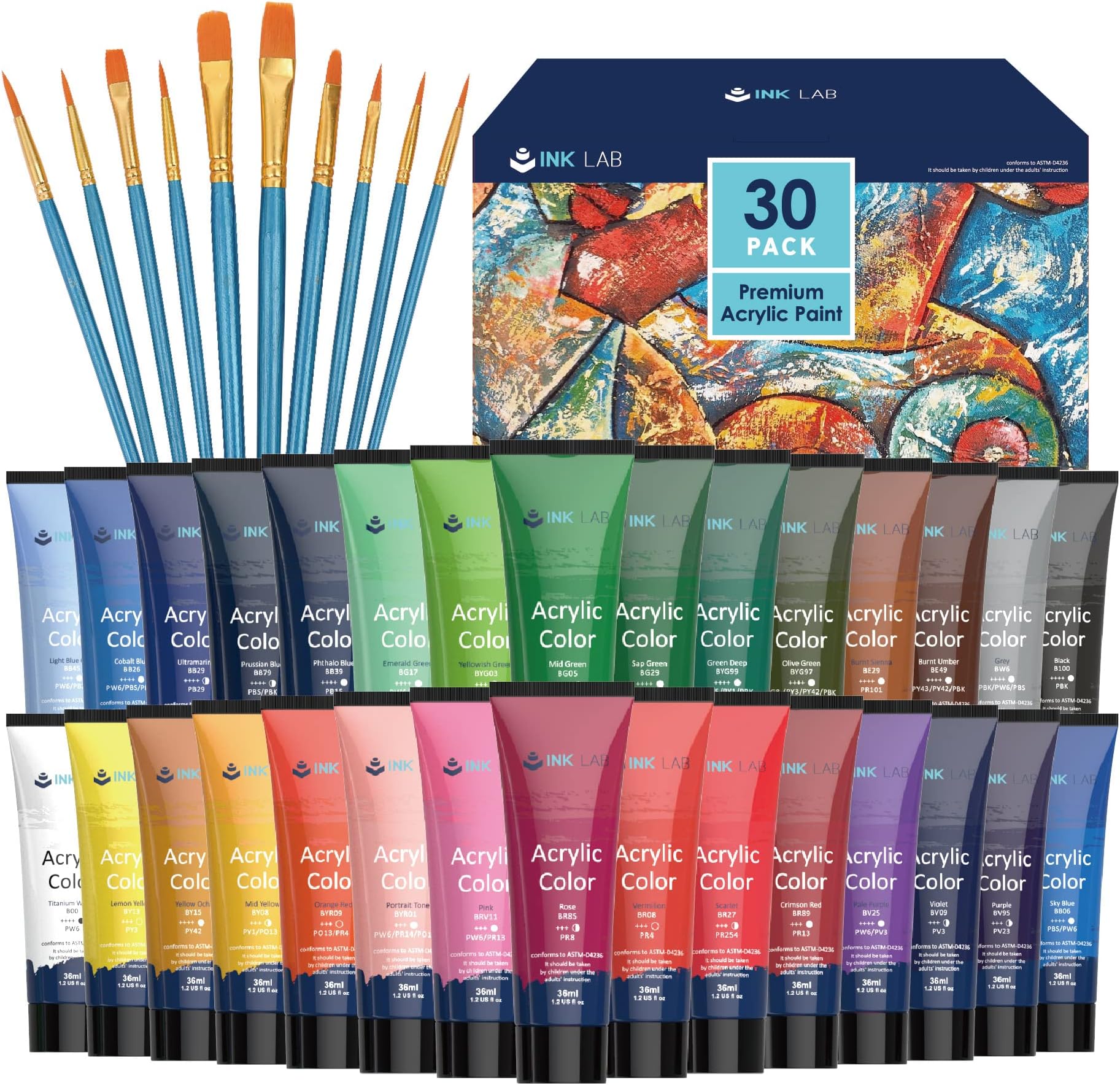 INK LAB Acrylic Paint Set 30 Colours Acrylic Paints in Tubes Non Toxic for Artists Beginners Painting on Canvas Wood Fabric Rocks, 36ml/Tube, Rich Pigment