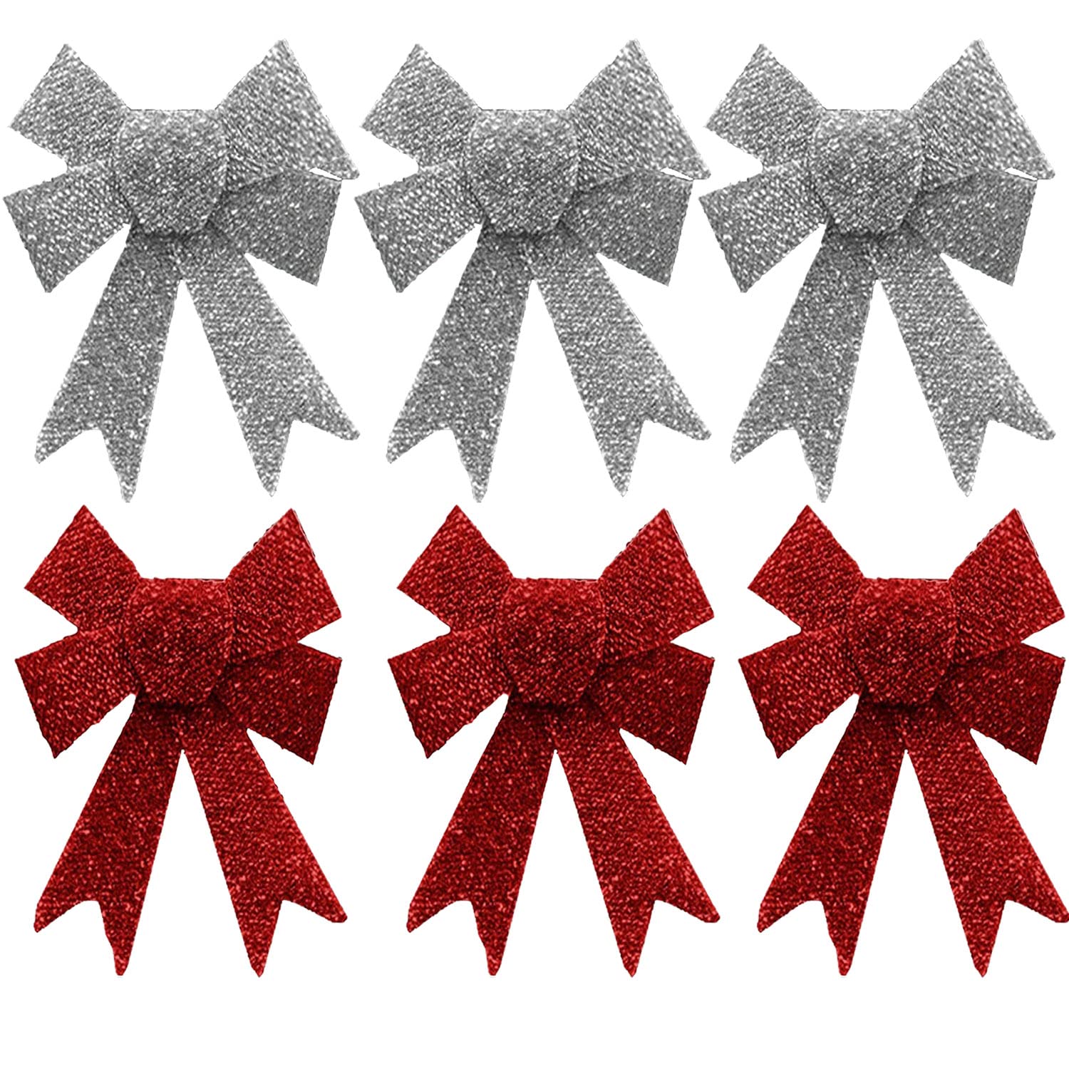 AKH® Christmas Tinsel Bow | Pack of 6 Medium Glitter Christmas Bows | Xmas Decorative Sparkling Bows | For Xmas Tree, Wreaths, Garland Christmas Decorations | Xmas Hanging Ornaments (Red and Silver)
