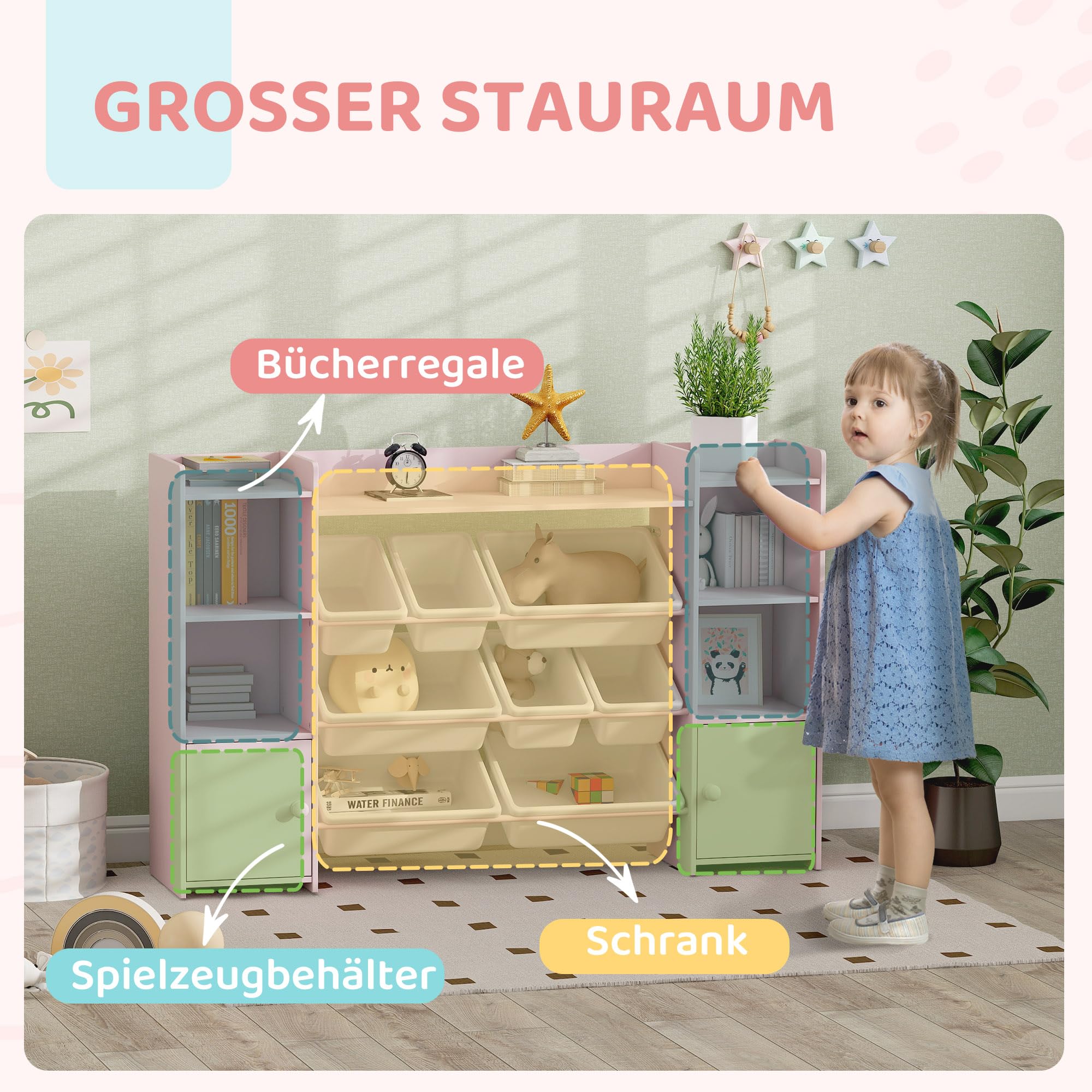 AIYAPLAY Kinderregal mit 8 Aufbewahrungsboxen 4 Fächern 140x30x90cm Rosa | Spielzeugregal, Bücherregal, 2 Schrankfächer, für Kinderzimmer, Spielzimmer, Wohnzimmer