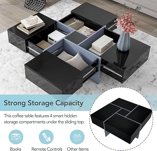Miniatura 4 de LETESA Mesa auxiliar con 4 compartimentos de almacenamiento ocultos, mesa central extraíble, mesa de cóctel cuadrada con mesa deslizante extensible,
