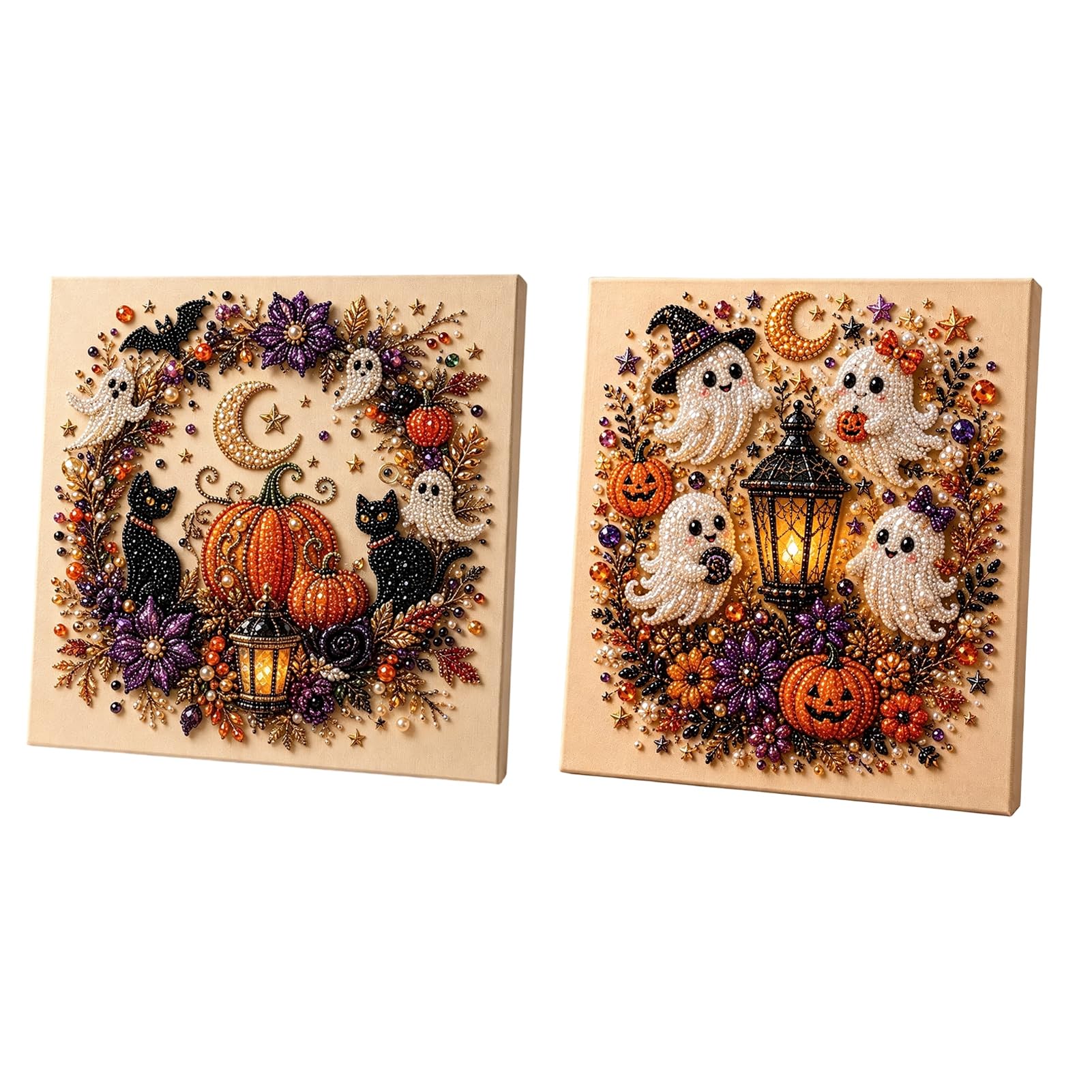 Halloween-Bastelset mit Kunstperlen, gruselig-süße 3D-Perlenmalerei, gotische Wanddeko mit Geistern, Kürbissen, Katzen und Krähen für Erwachsene