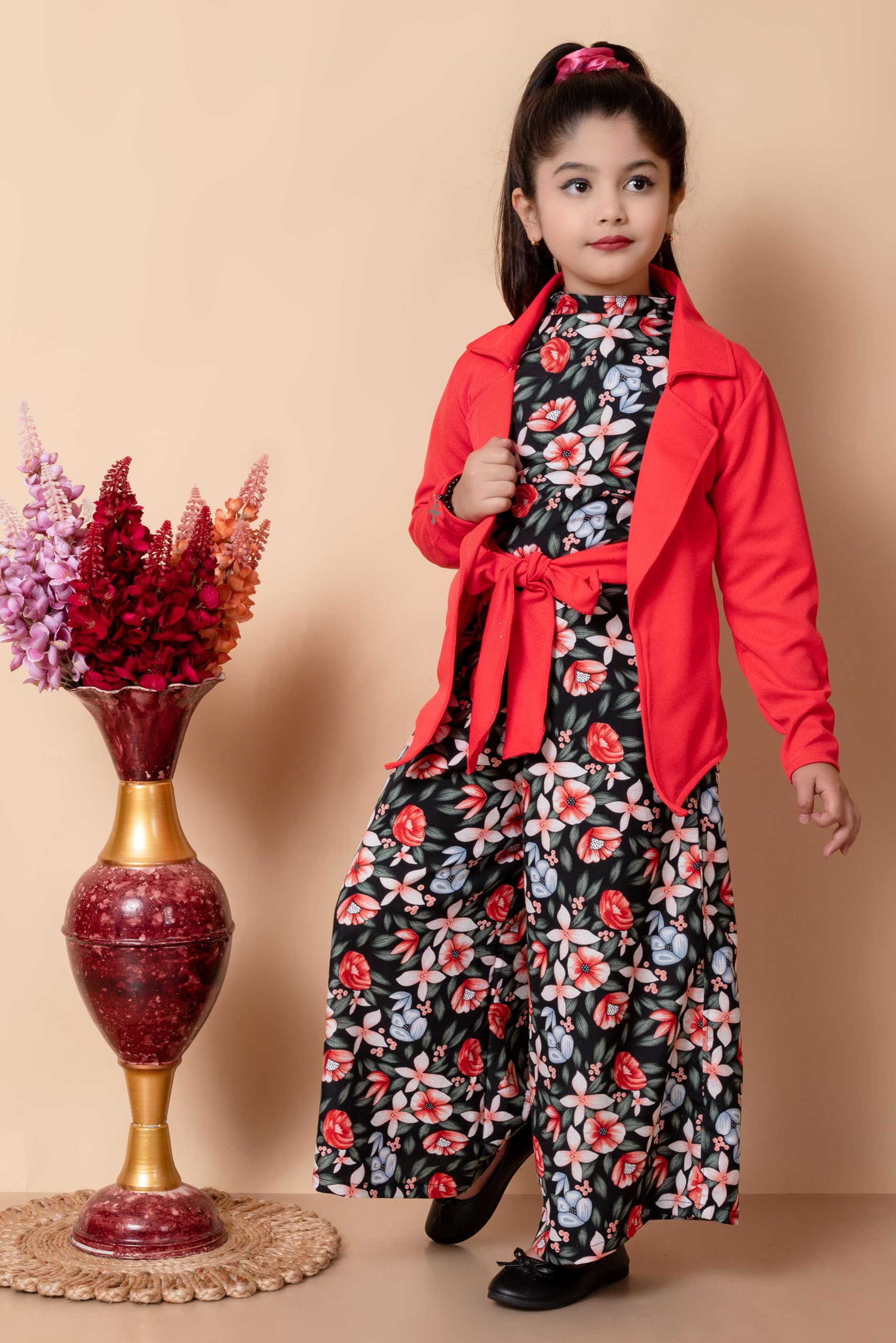 SPAMitude Girls Self Designed Premium Cotton Jacket Jumpsuit Dress | Floral Printed Jumpsuit Jacket Set for Birthday Girl (10-11 years, Red) - Image 4 thumbnail
