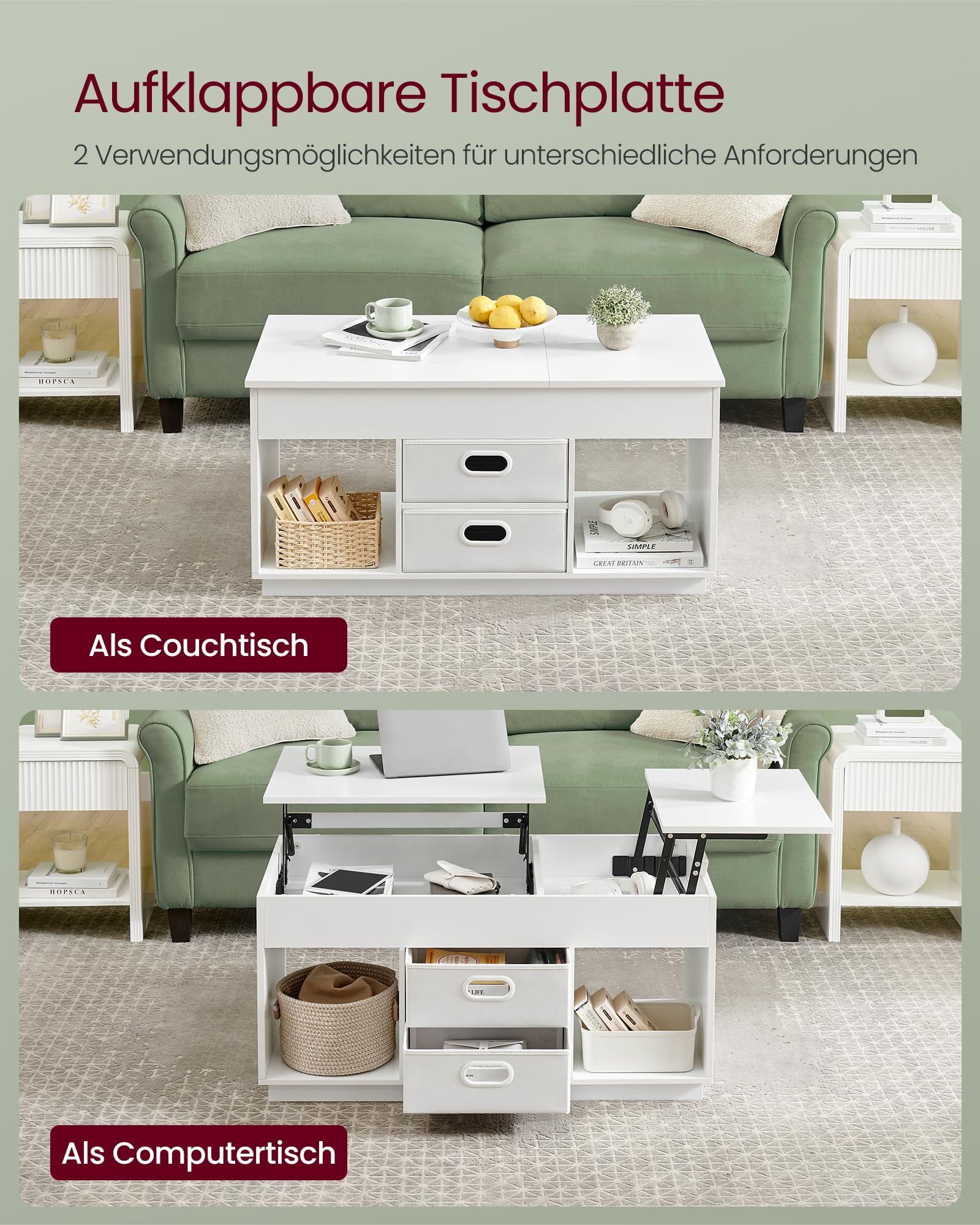 VASAGLE CUSTOS Kollektion - Couchtisch, höhenverstellbarer Wohnzimmertisch, 2 Schubladen und versteckte Fächer, Kaffeetisch, offene Fächer, für Wohnzimmer, Homeoffice, schneeweiß LCT210W01