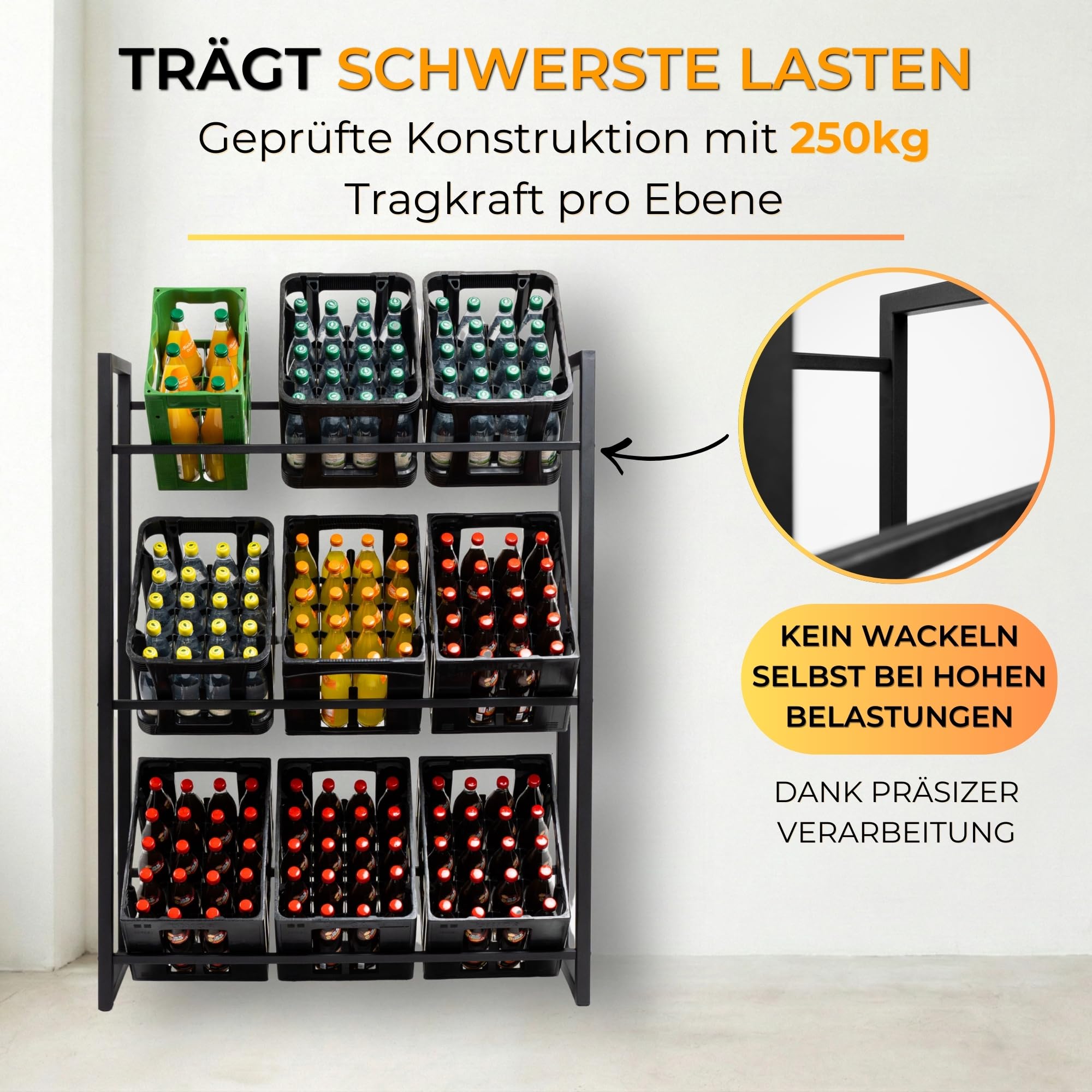Getränkekistenregal 9 Kisten mit 750 kg Tragkraft - Kistenregal extrem stabil & höhenverstellbar - Regal für Getränkekisten einfache Montage - Getränke-Regal schwarz aus Metall - Trio