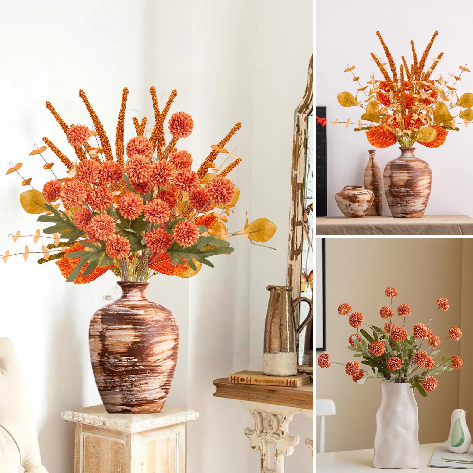 ASTRYAS Fiori artificiali Kiku misti in finta seta finta steli di eucalipto decorazione per casa colonica matrimonio vaso bouquet composizione floreale decorazione casa (7 pacchetti)