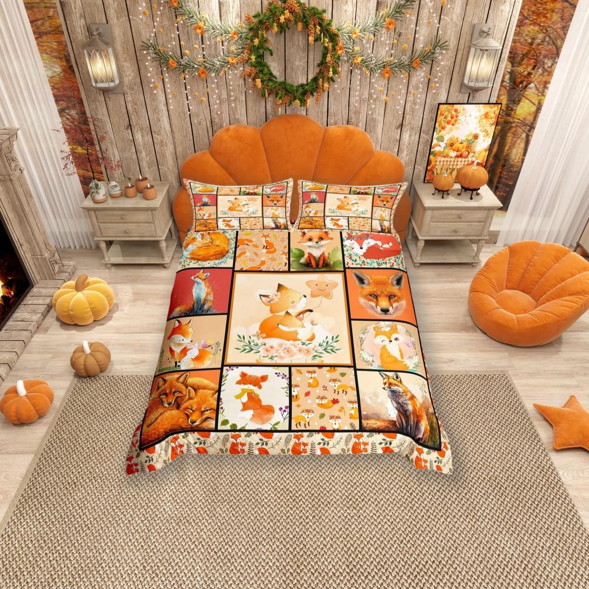 feelingyou Kawaii Fox Bedding Set,Orange Fox Grid Comforter Cover Set for Teens Women Room Decor,Cartoon Wild Animals Duvet Cover Breathable Cute Fox Bedspread Cover Double Size