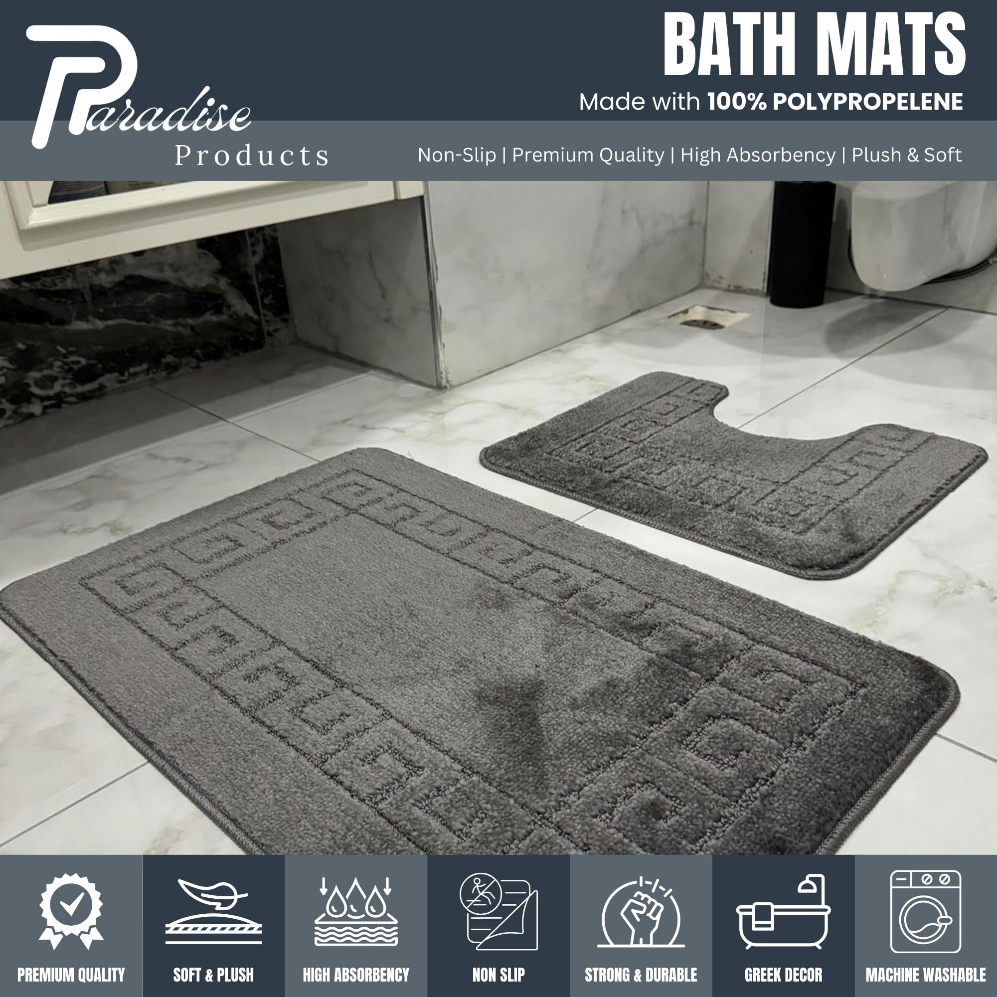Paradise Products Greek Style Bath Mat Set 2-Piece, Charcoal, 80 x 50 cm (Rectangular) - Image 2