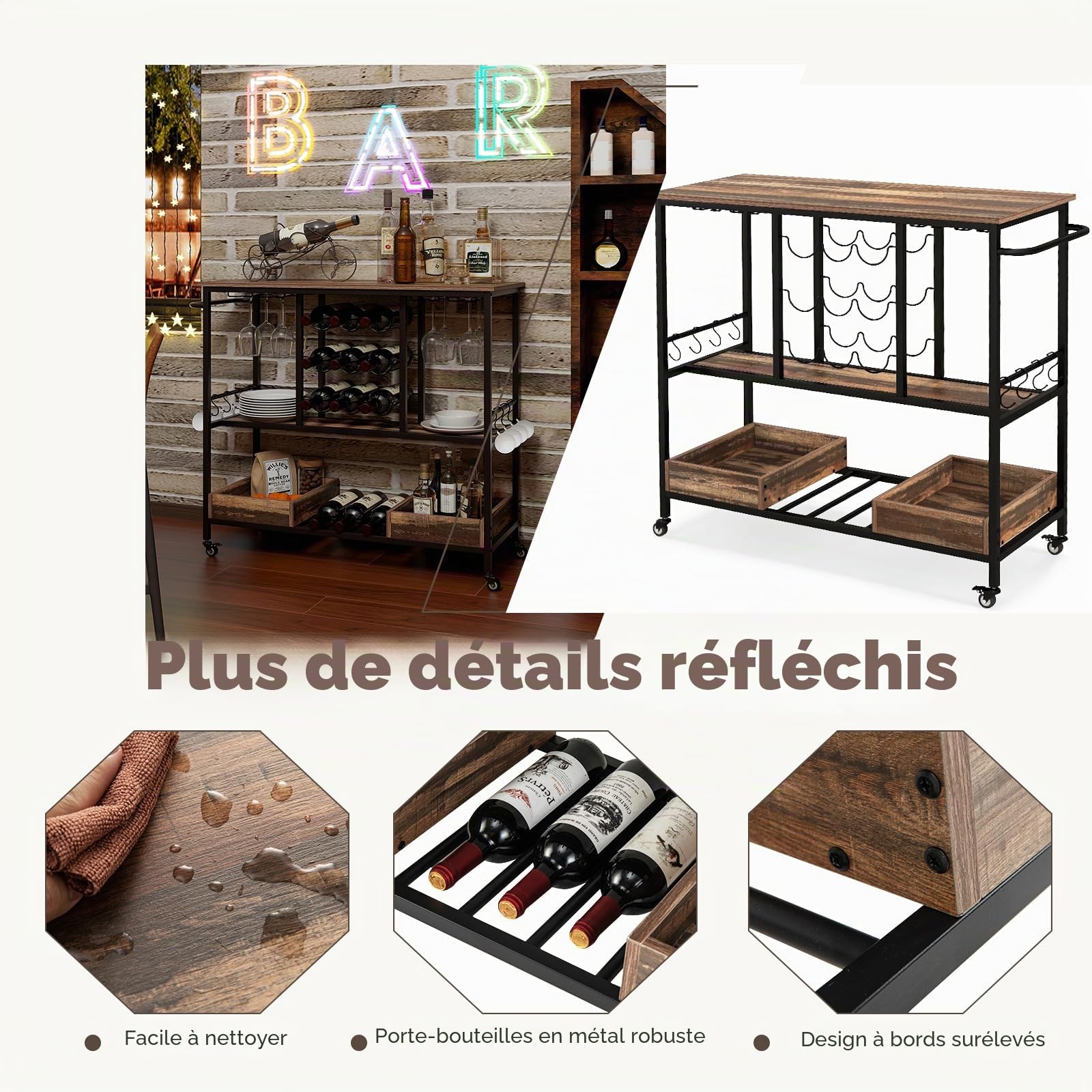 KOMFOTTEU Chariot de Cuisine à roulettes, Desserte de Service avec Porte-Bouteilles, Porte-Verre et Crochets, Chariot d'Appoint à 3 Étages pour Bar de Maison, Cuisine (Chêne Gris)