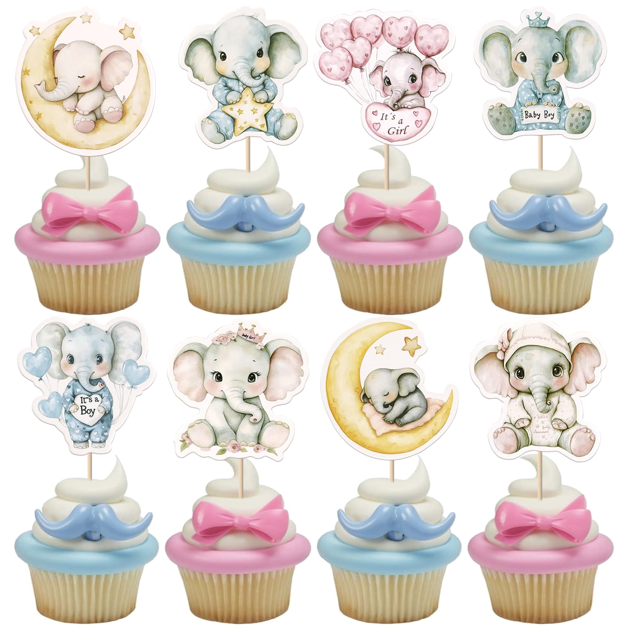 Xsstarmi 40 Pack Baby Elephant Cupcake Toppers Balloon Star Moon Cupcake Picks Pink or Blue Cake Decorations for Gender Reveal Theme Baby Shower Kids Birthay Party Cake Supplies