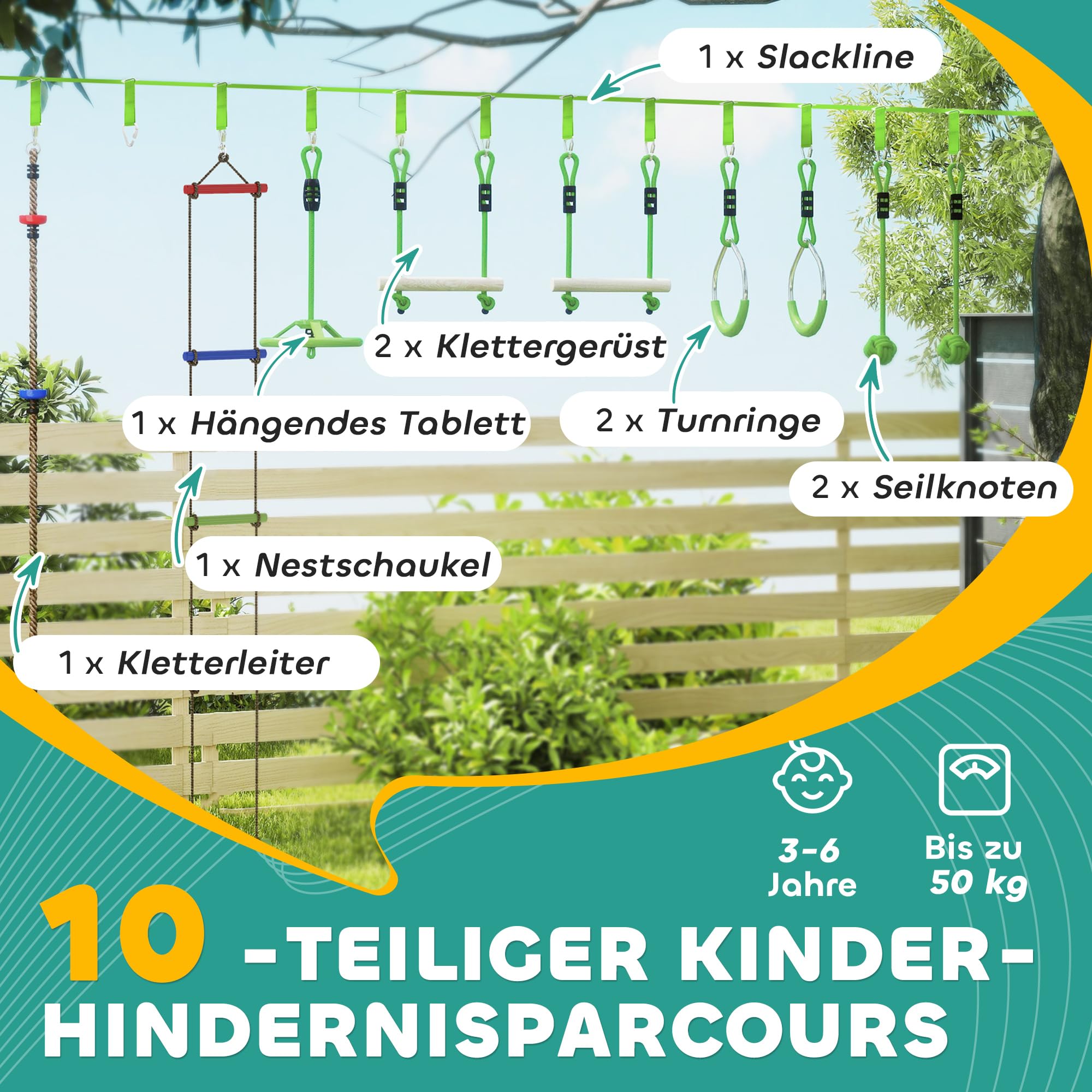 AIYAPLAY Ninja Slackline 10 m für Kinder Ninja Warrior Hindernisparcours Set mit Slackline Turnringe, Spinnerrad, Schaukel, Kletterstangen, Hängetablett, Kletterleiter, Hinderniskurs im Garten Outdoor