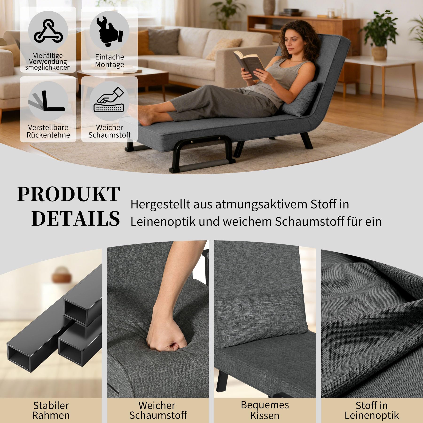 Schlafsessel 3 in 1 Schlafsofa mit Bettfunktion Schlafsofa Gästebettfür Verstellbarer Rückenlehne Metallrahmen Leinen für Wohnzimmer Kleine Räume Schlafzimmer Balkon (Grey, 1)