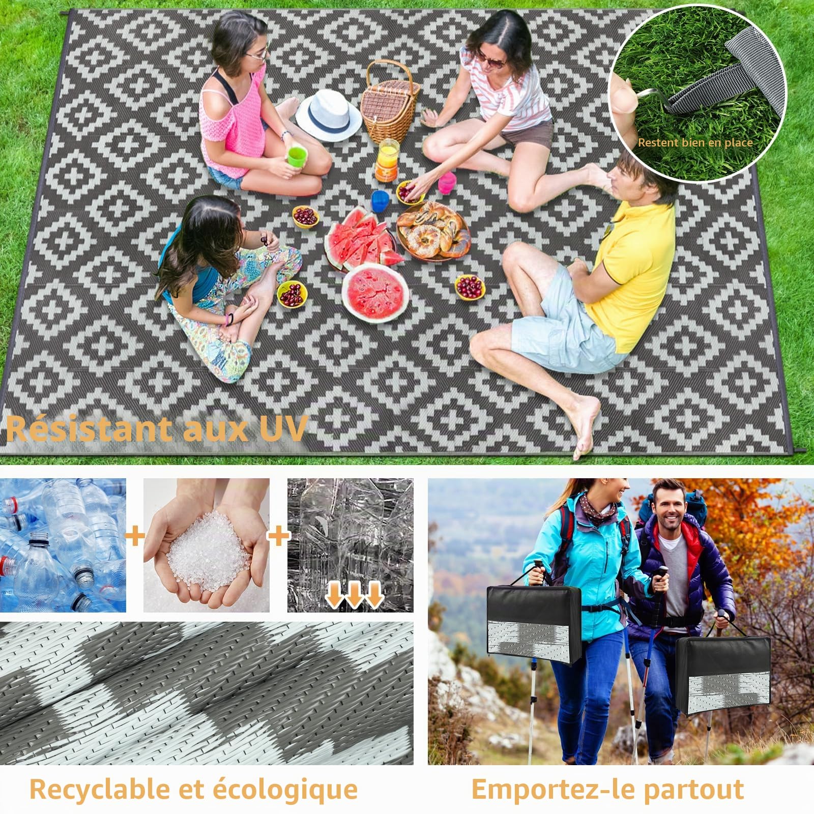 Homcomodar Tapis d'extérieur Réversible 180x270cm Tapis Paille de Plastique Recyclé Résistant Tapis Extérieur aux UV pour Terrasse Plage Barbecue Pique Nique Terrasse Balcon,Gris