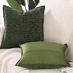 MADIZZ Boîte de 2 Couvre-oreillers en velours de Chenille 18x18 Coussin vert doux neutre incrusté coussins décoratifs Accent Boho Coussinets pour canapé de canapé Modern Farmhouse Home Decor