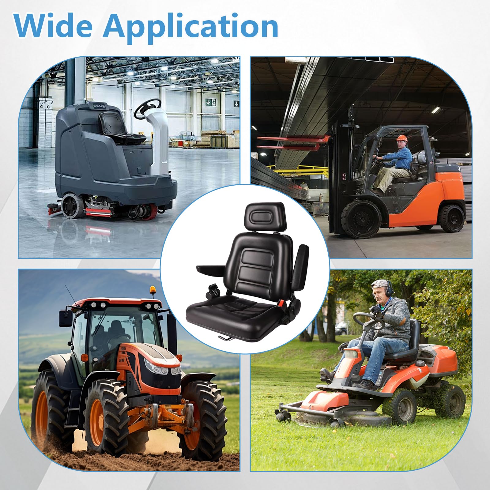 Asiento universal para tractor, asiento plegable para carretilla elevadora con respaldo ajustable y cinturón de seguridad, reposacabezas ajustable en 3 posiciones, reposabrazos plegables y rieles