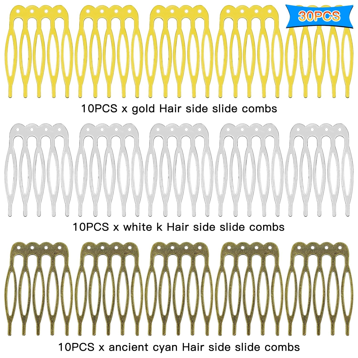 30 Pieces Metal Wire Hair Accessories: 39x27mm 5-Tooth Twist & Side Combs, Wedding Veil Combs for Women's Decorative DIY Jewelry Making (3 Colors, with Holes)
