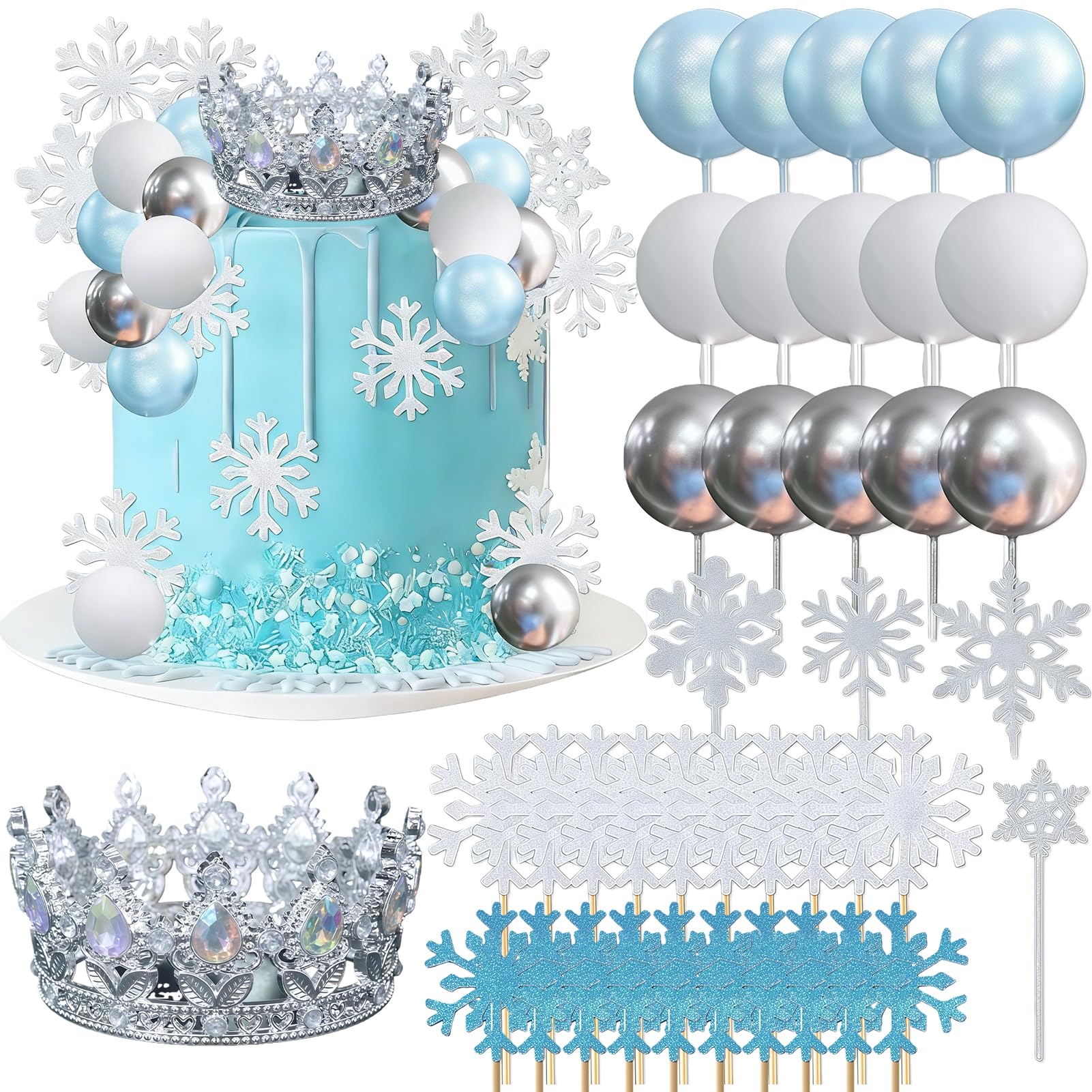 Snowflake Cake Toppers, 40pcs Girls Princess Cake Decoration, Crown Cupcake Toppers Snowflak Acrylic Happy Birthday Toppers for Birthday Wedding Baby Shower Party Supplies (Blue)