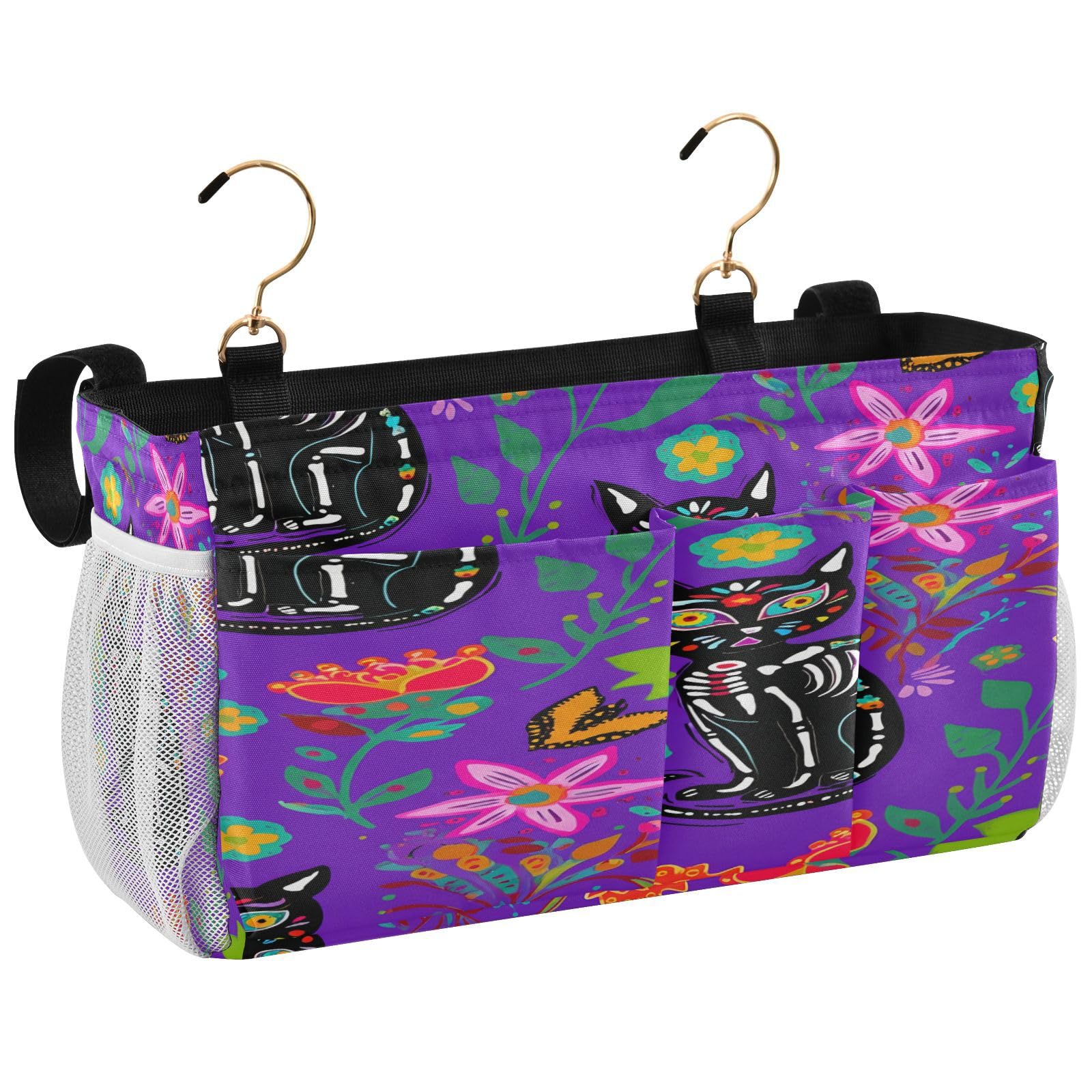 BOESI Doodle Cat and Flowers Bedside Storage Hanging Bag, Hanging Storage Basket, Suitable for Storing Cell Phones, Water Bottles, Books