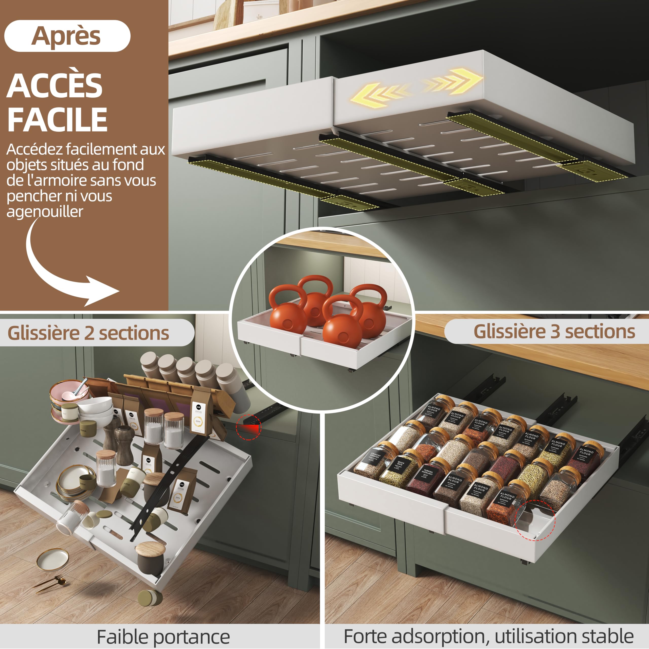 NETEL Lot de 2 tiroir coulissant cuisine et 6 pièces Organisateur Porte Épices，plateau coulissant placard，32-52cm Largeur, 42cm Profondeur,Fixation Autocollante ou par Vis,Blanc