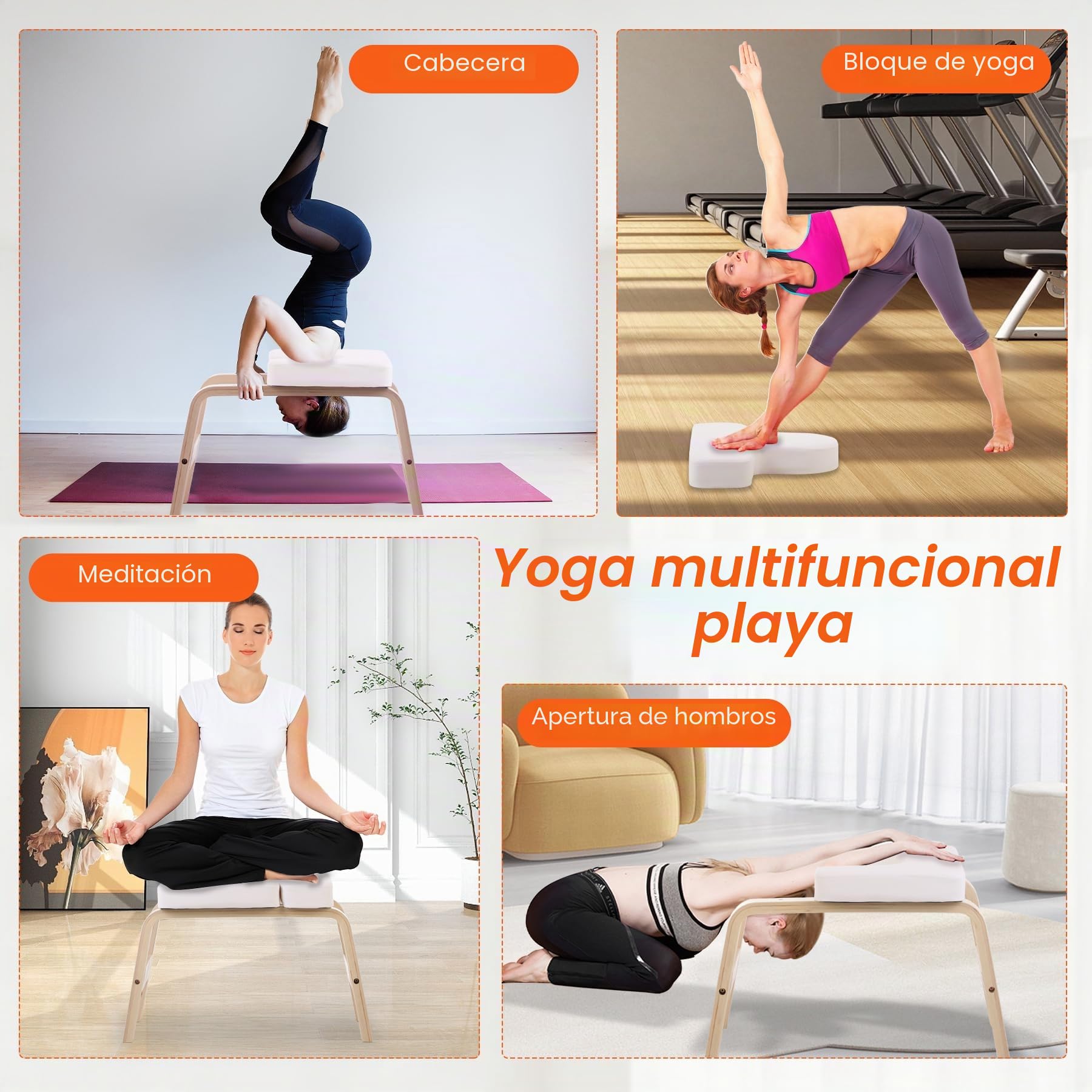 REDCAMP Taburete de yoga (madera, hasta 150 kg, acolchado de poliuretano, resistente, color blanco) | Silla de yoga de alta calidad, con pies antideslizantes, para principiantes, para gimnasia, interior y exterior