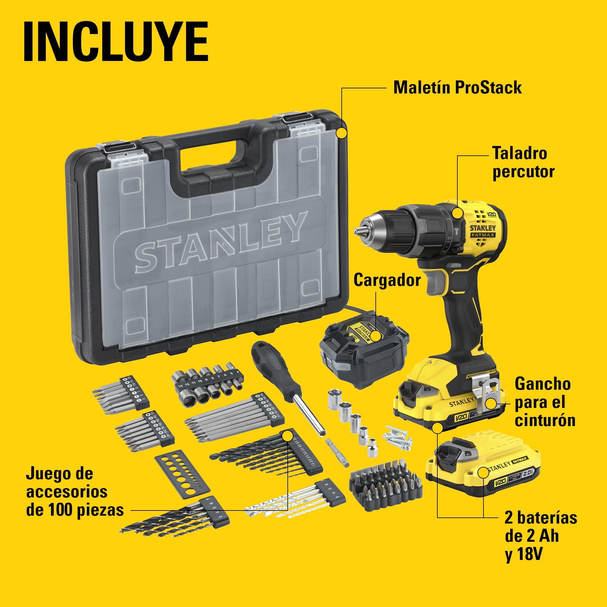 STANLEY V20 Taladro percutor sin escobillas de 2 velocidades, incluye batería de iones de litio de 2,0 Ah, cargador de 1,25 A y 100 accesorios con maletín ProStack, 18 V, SFMCD716D2A-QW