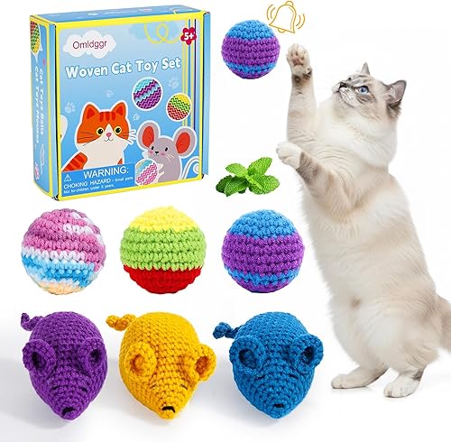 Miniatura 8 de Omldggr 3 bolas de juguete para gatos y 3 juguetes de hierba gatera, ratones de ganchillo, juguete de bola de lana para gatos con campana en el
