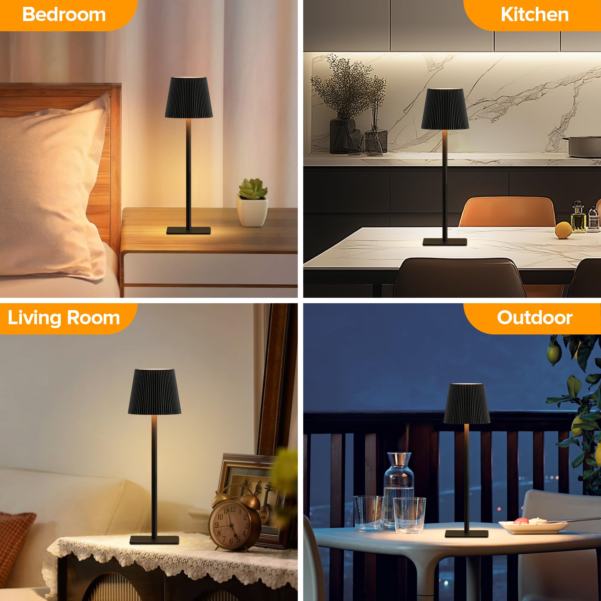 LUTEC Paquete de 4 lámparas de mesa inalámbricas, lámpara de escritorio recargable de 6000 mAh, dos alturas ajustables, impermeable, control táctil y atenuación continua de 3 colores para restaurante