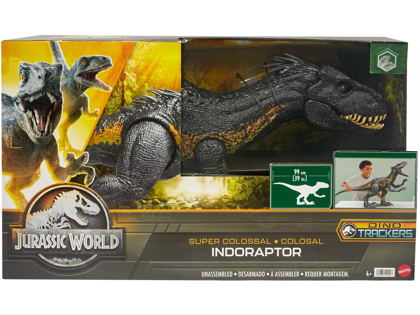 Mattel Jurassic World: Il Regno Distrutto - Indoraptor Supercolossale, dinosauro gigante lungo 90+ cm e alto 41 cm, inghiotte fino a 20 mini action figures, giocattolo per bambini, 4+ anni, HKY14