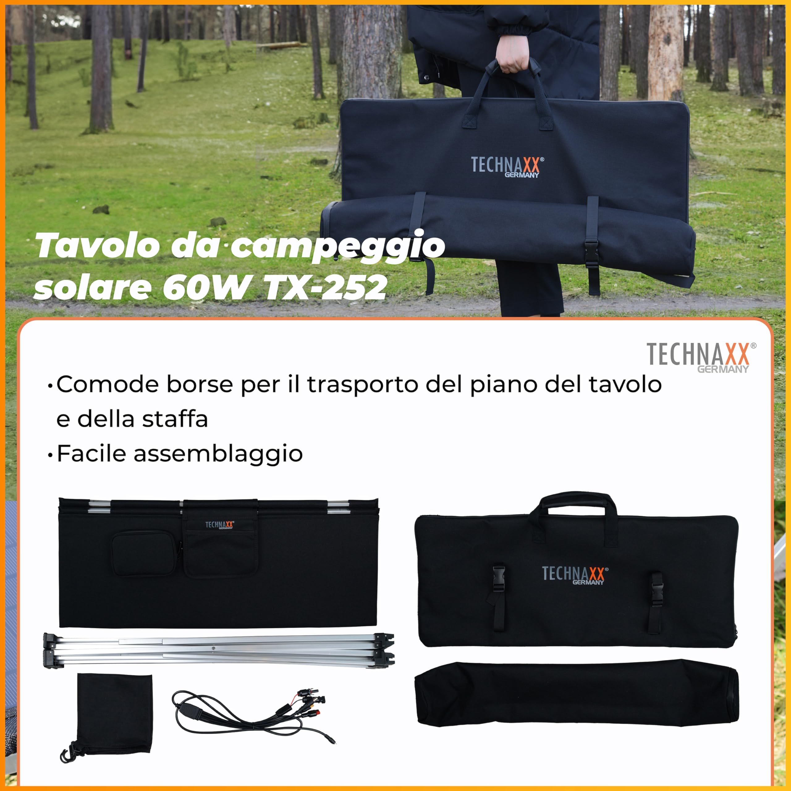 Technaxx TX-252, tavolo solare da campeggio pieghevole da 60W, pannello solare monocristallino con 3x porte USB, uscita DC e design robusto - perfetto per il campeggio e le attività all'aria aperta