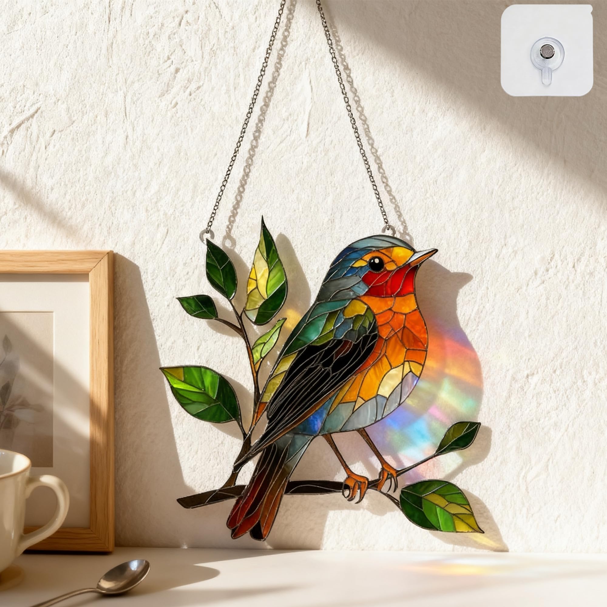 Minwegi Light Robin Bird Sun Catcher - British Garden Ornaments With Stained Glass Effect & Diy Frame - Weather-Resistant Acrylic Outdoor/Indoor Wall Hanging Decor