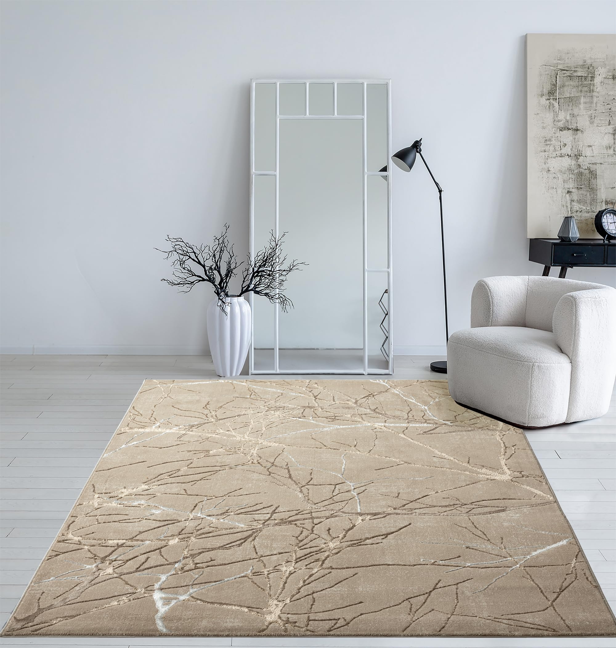 Mia's Teppiche Cielo Modern dense short pile carpet, living room, bedroom, elegant sheen, glossy fibre, high-low effect, feather, Beige, 80 x 300 cm