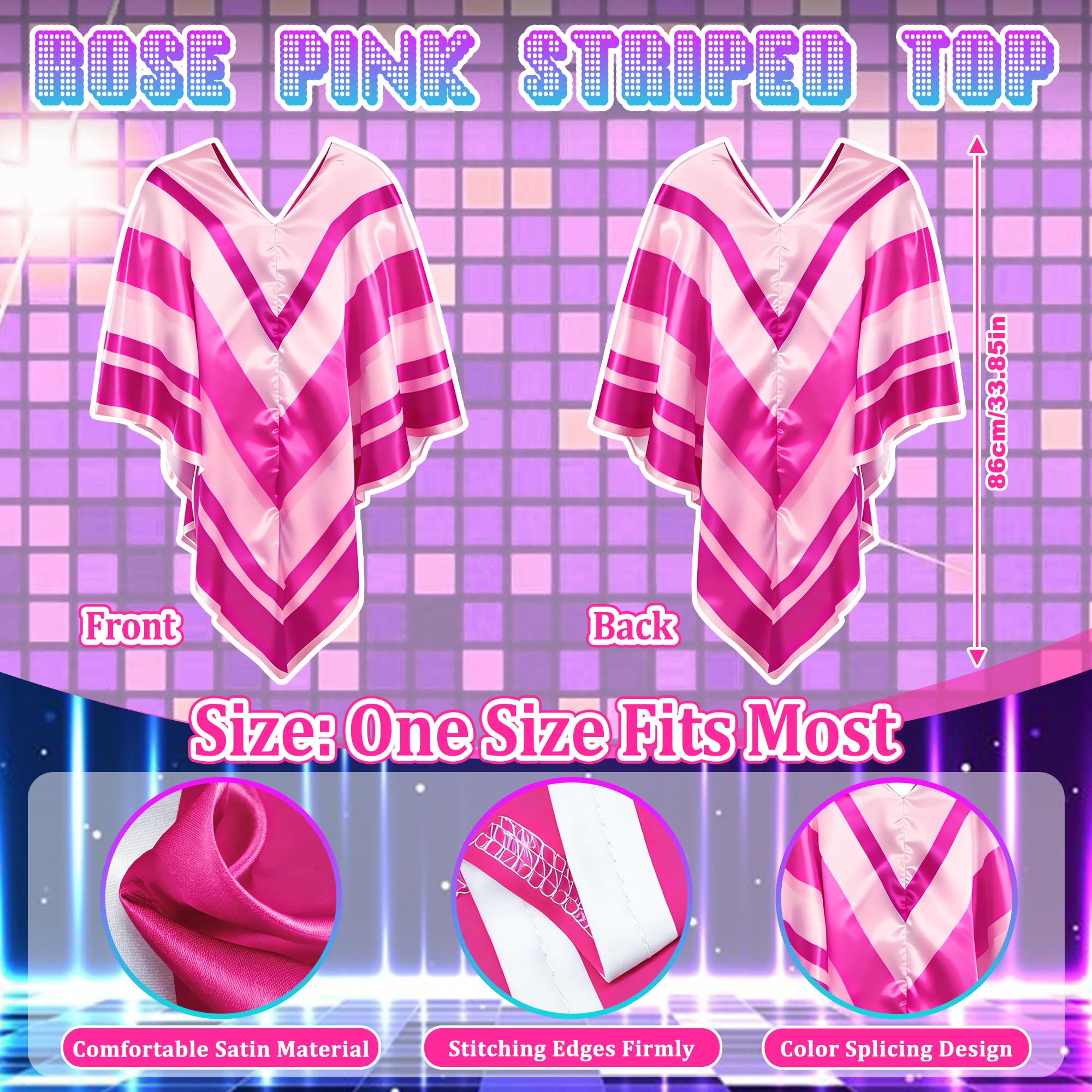 Bryndo 5 Pcs 70s Fancy Dress Set for Women Disco Costume Accessories with Abba Pop Poncho Sequin Beret Hat Square Bling Sunglasses Earrings Necklace for 70s Theme Party Dress Up (Pink) - Image 3