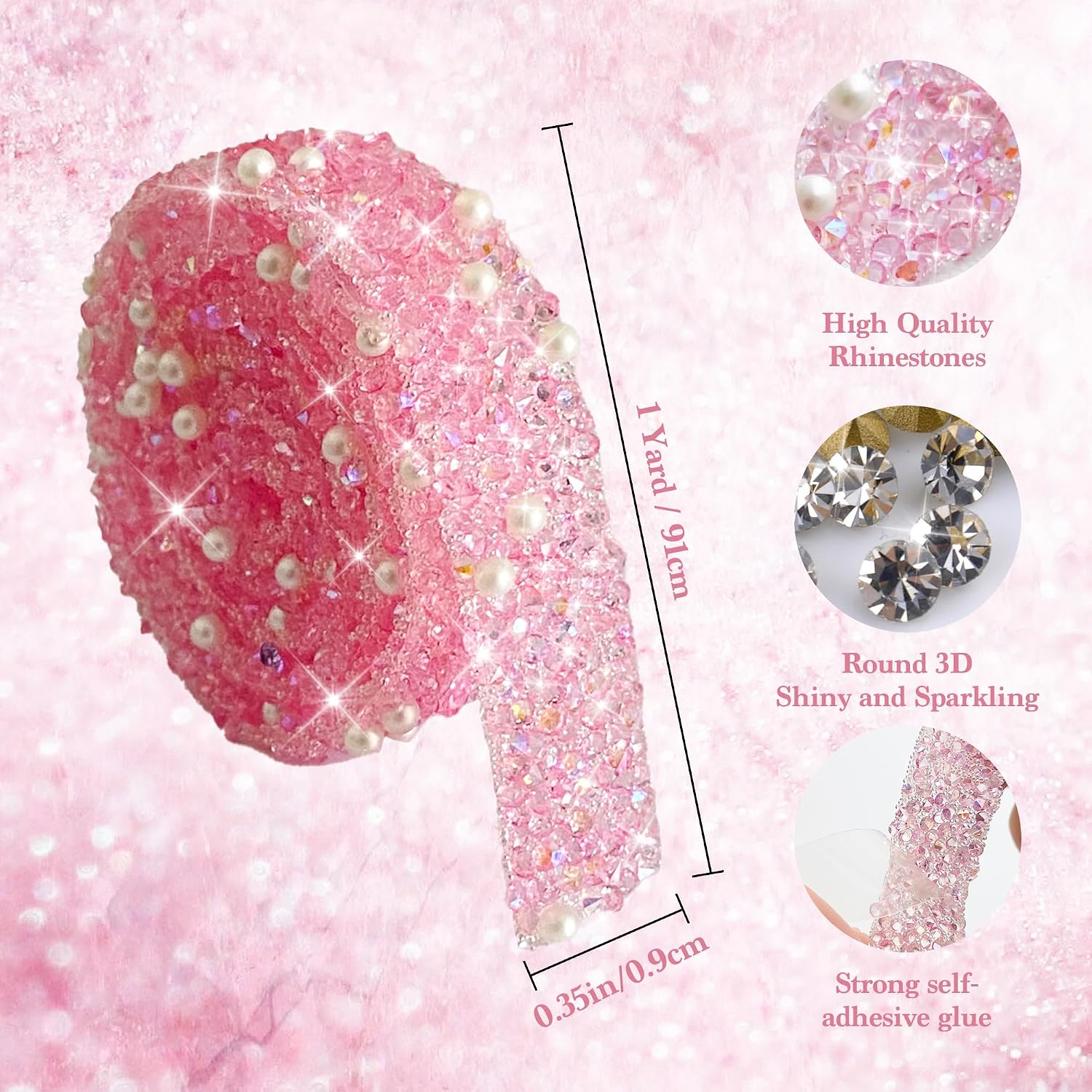 Jongdari Glitter Self Adhesive Rhinestone Pearl Ribbon Trim Tape, Soft Crystal Decorative Bedazzling Strips for DIY Crafts, 12 Colors 10mm Wide Total 12 Yards