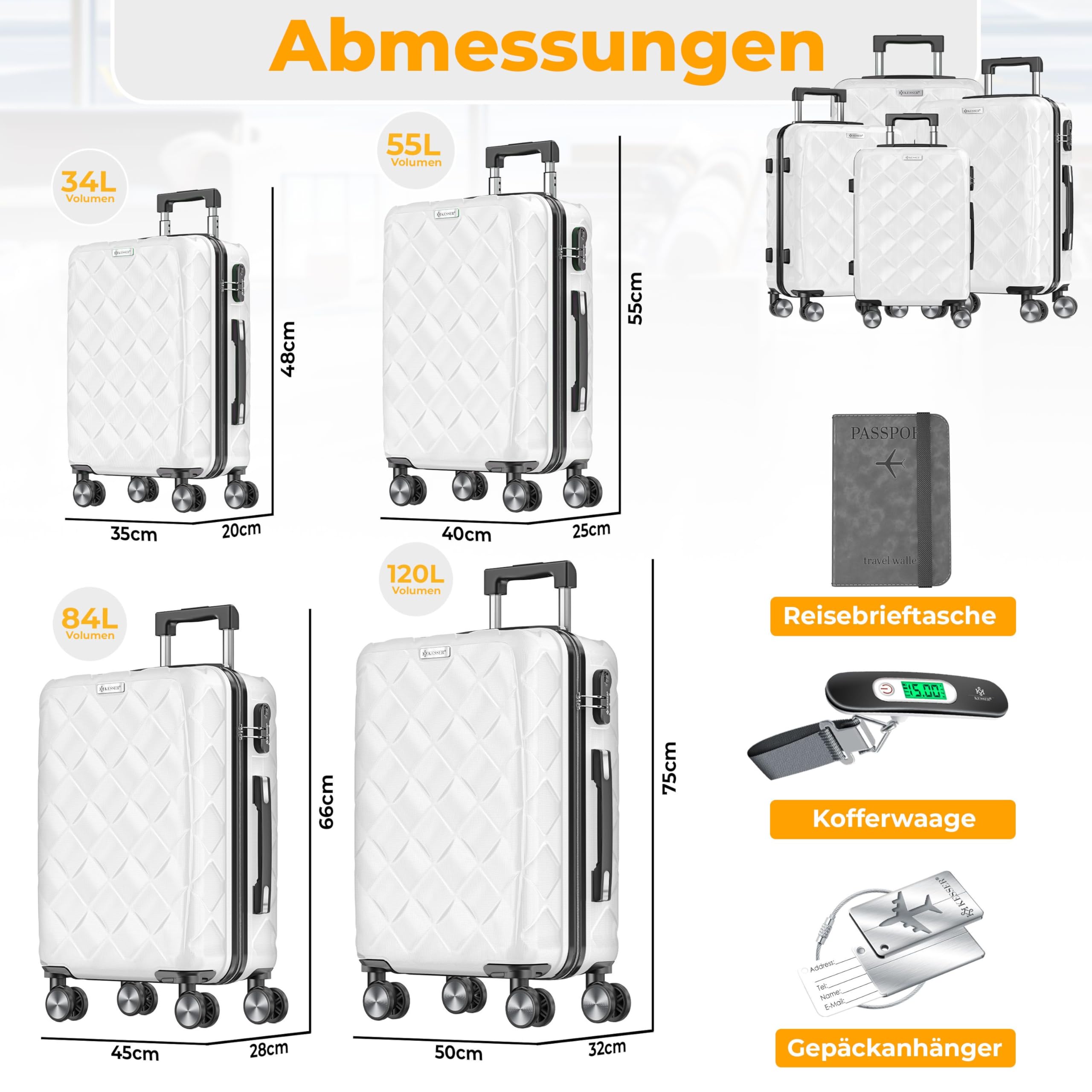 KESSER® Zestaw walizek podróżnych, 4-częściowy zestaw walizek z twardego tworzywa ABS, z zamkiem szyfrowym, wagą bagażową i przyczepą bagażową, kółkami 360°, bagaż podręczny i duża walizka do biznesu