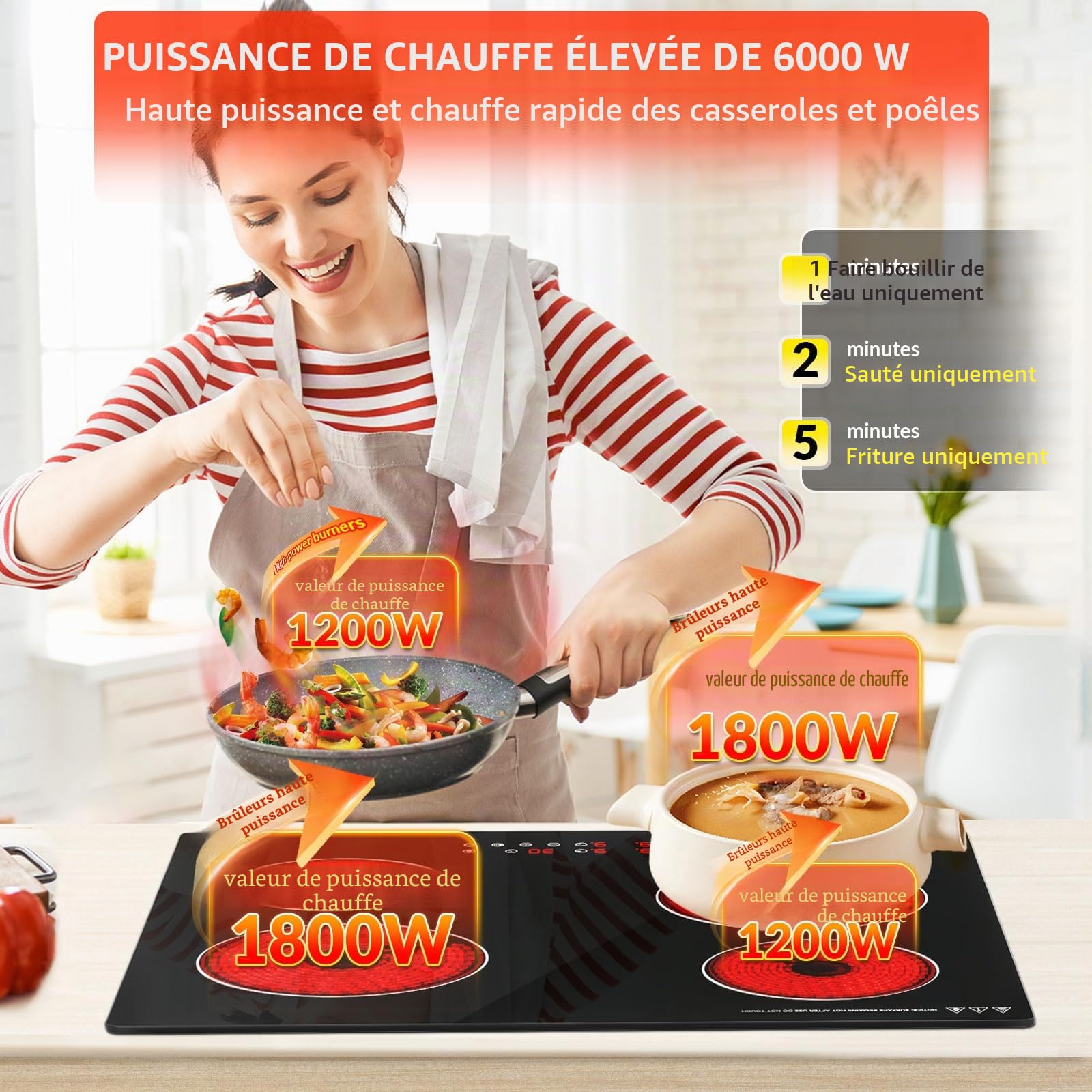 Plaque Vitrocéramique 4 Feuxs Encastrable, Plaque 6000W avec 9 Niveaux de Puissance, Maintien au Chaud, Minuterie, Contrôle Tactile, Sécurité Enfants Pour Toutes les Casseroles