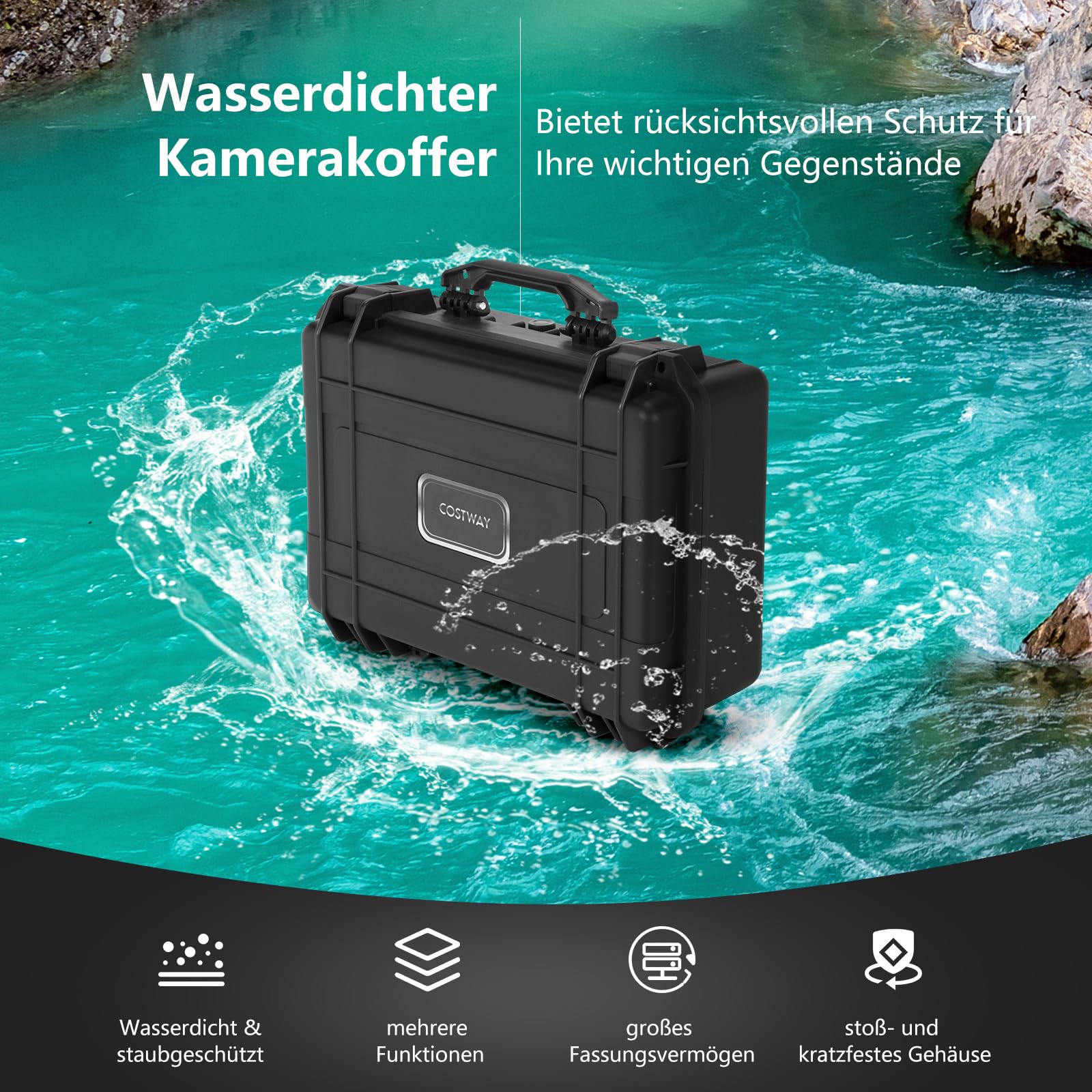 COSTWAY Hartschalen-Kamerakoffer, Unisversal anpassbar, Wasserdichter Hartschalenkoffer, Kamera-Schutzkoffer mit Schaumstoff, für Elektronik, Drohnen, Kameras und Schusswaffen (18")