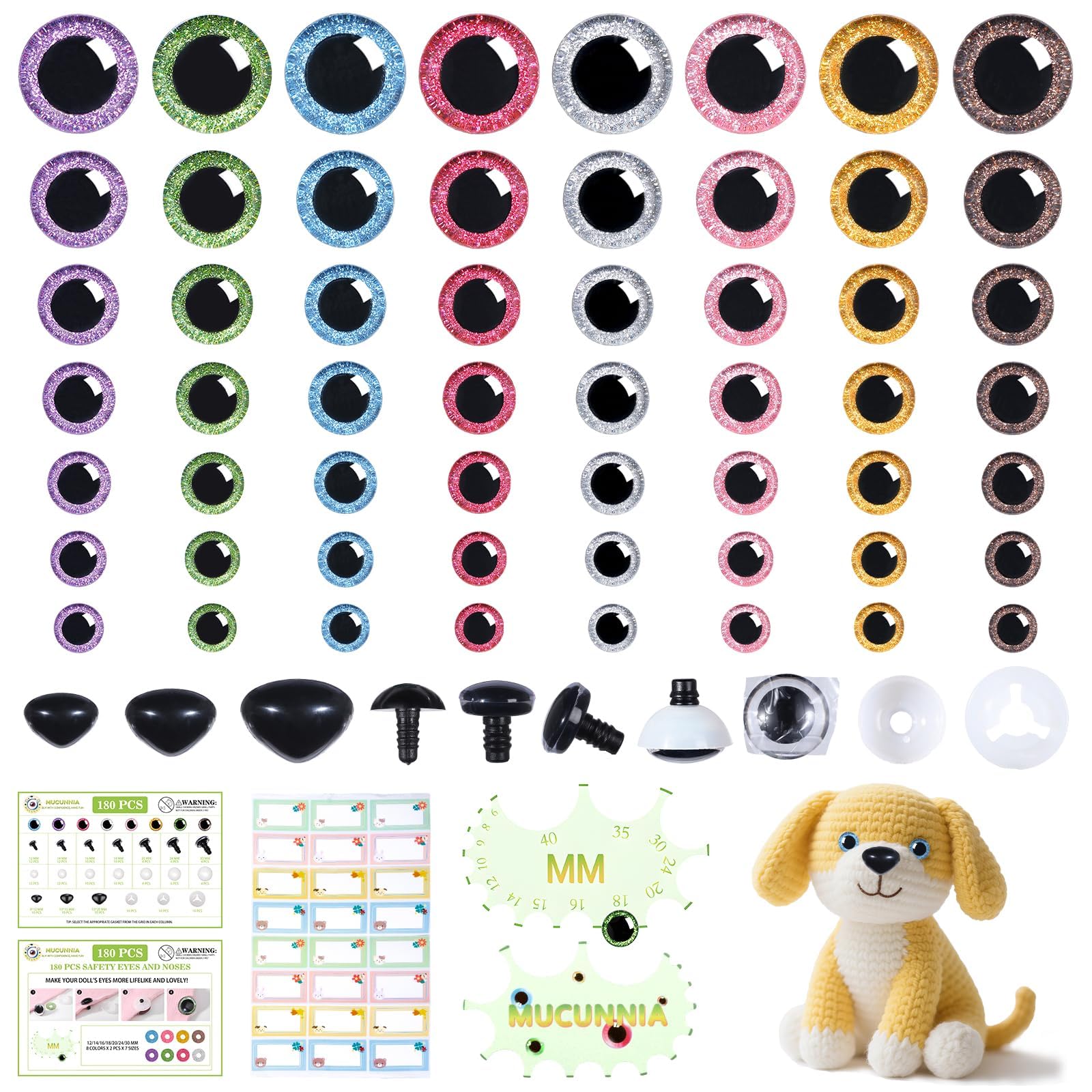MUCUNNIA 180PCS 12-30mm Glitter Safety Eyes and Noses with Washers