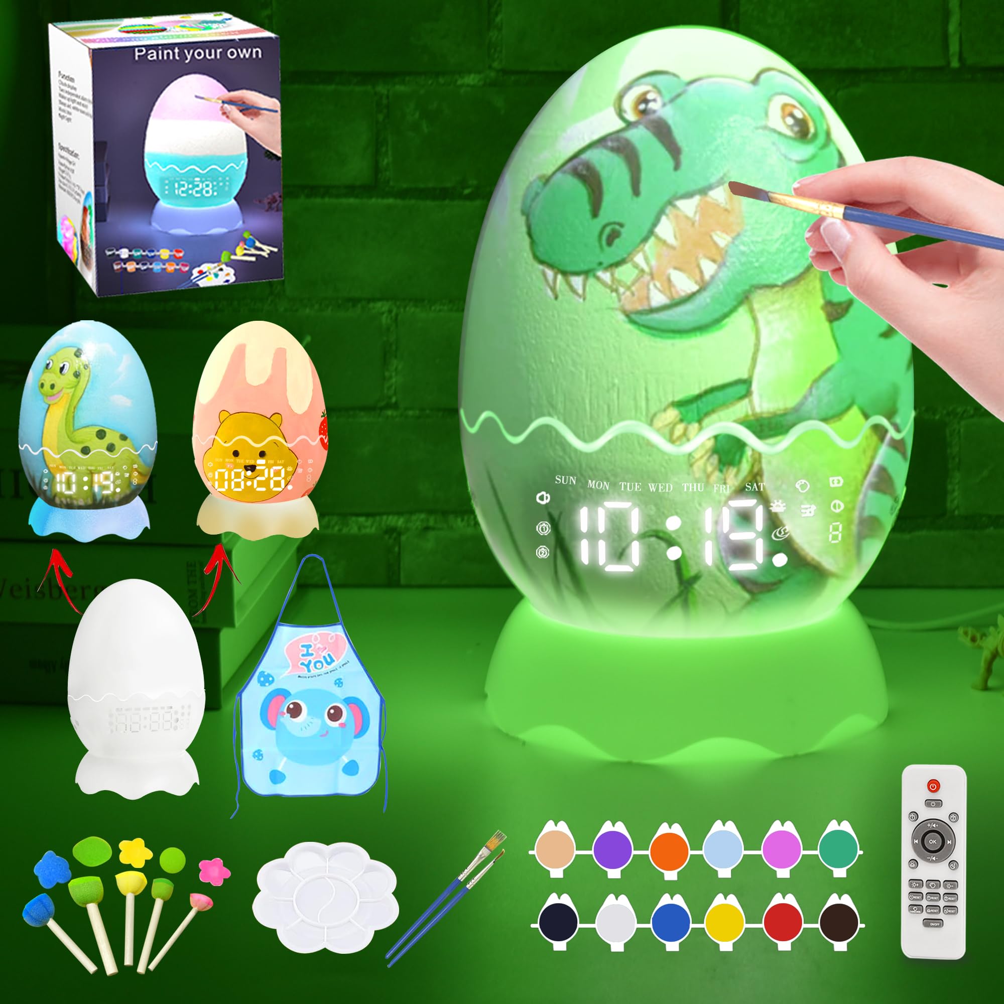 DIY Dinosaur Egg Night Light?Draw Your Own Dinosaur Gifts, with Alarm Clock/White Noise/Bluetooth Speaker. 16-Color Decor Painting Art & Craft Kit, Timer & Remote Control?Birthday Gift for Boys/Girls.