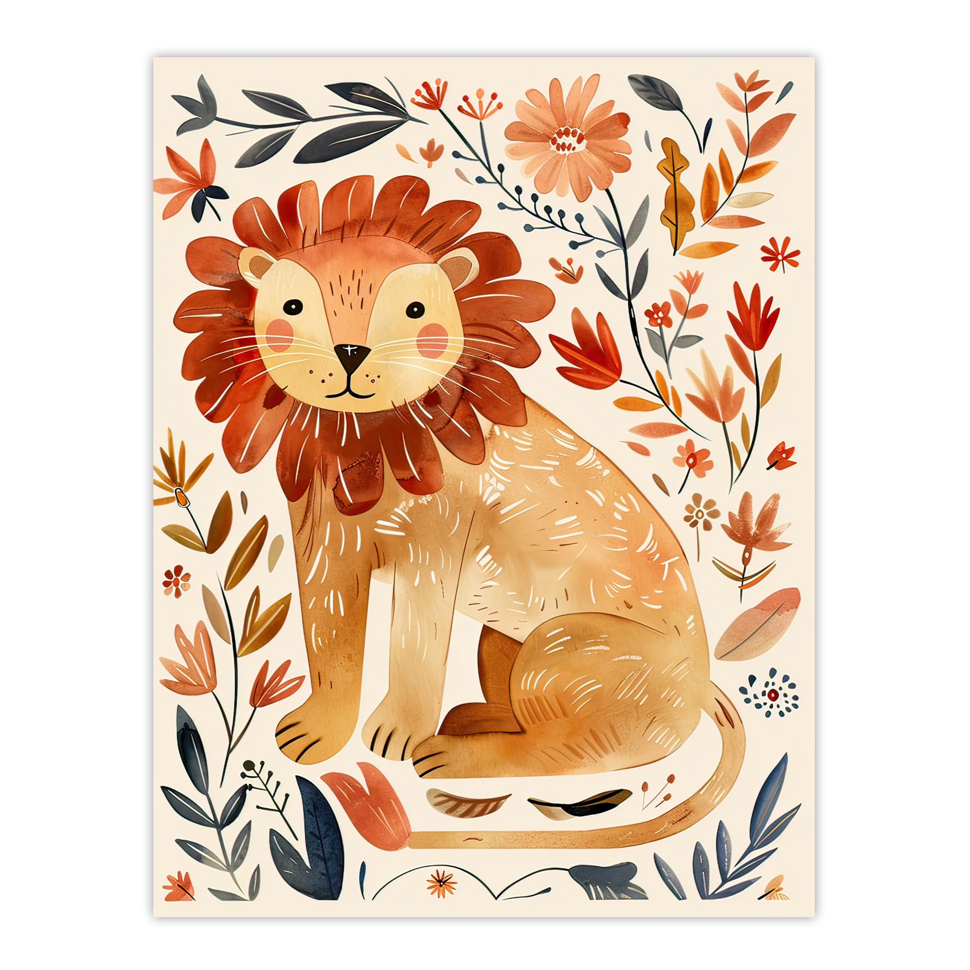 Cute Baby Lion Rustic Floral Watercolour Wall Art Print - W24 inch x H32 inch - Artery8