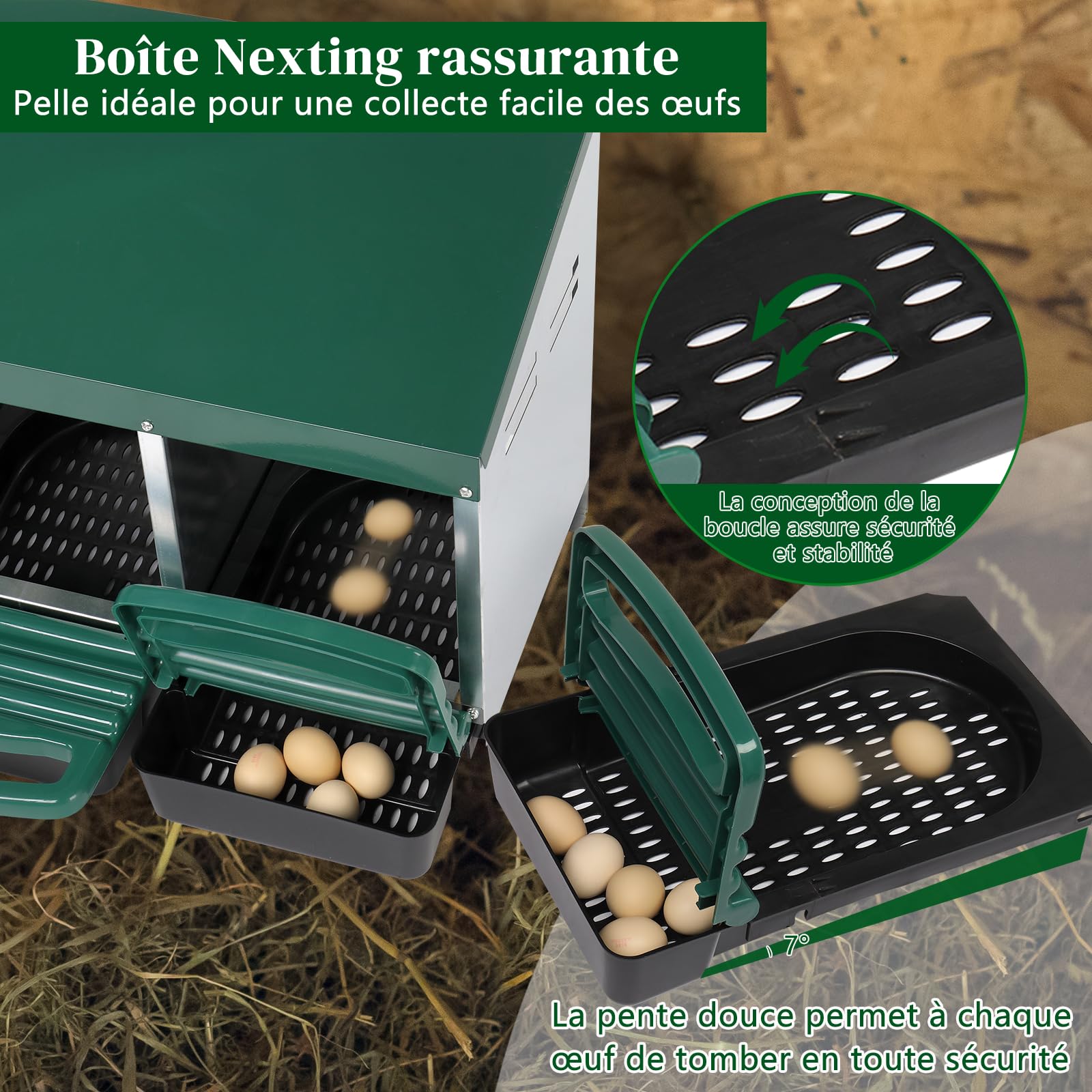 LEADZM Pondoir Poules pondeuses 2 emplacements - Poulailler en métal Bac de récupération Ponte, Installation Facile et Collecte des œufs, 54 x 52 x 47 cm, Vert