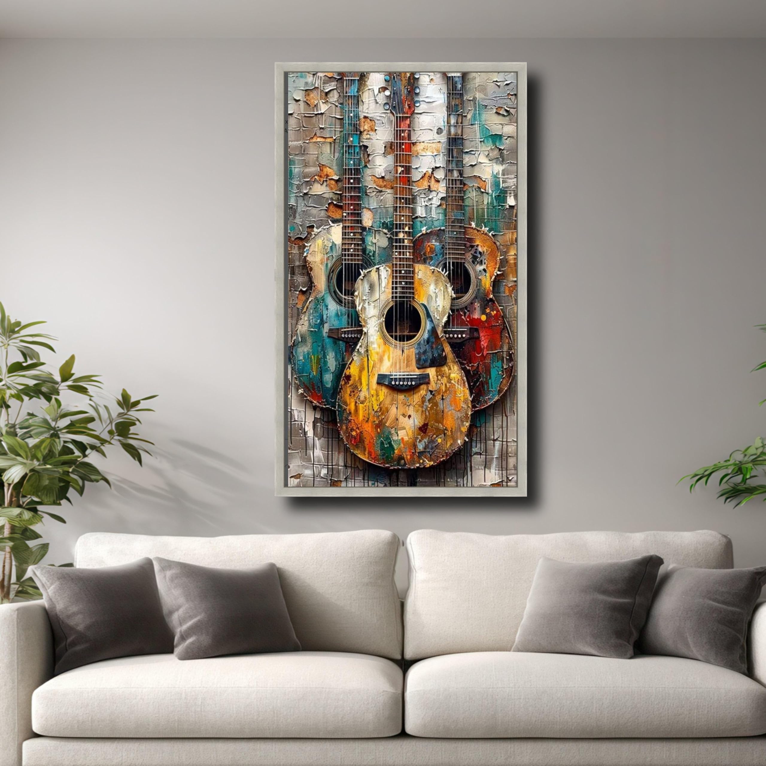 XINBAO Obraz na płótnie vintage gitary, abstrakcyjny obraz instrumentu muzycznego, dekoracja z rustykalną teksturą, sztuka o tematyce rockowej (60 x 105 cm/bez ramki)