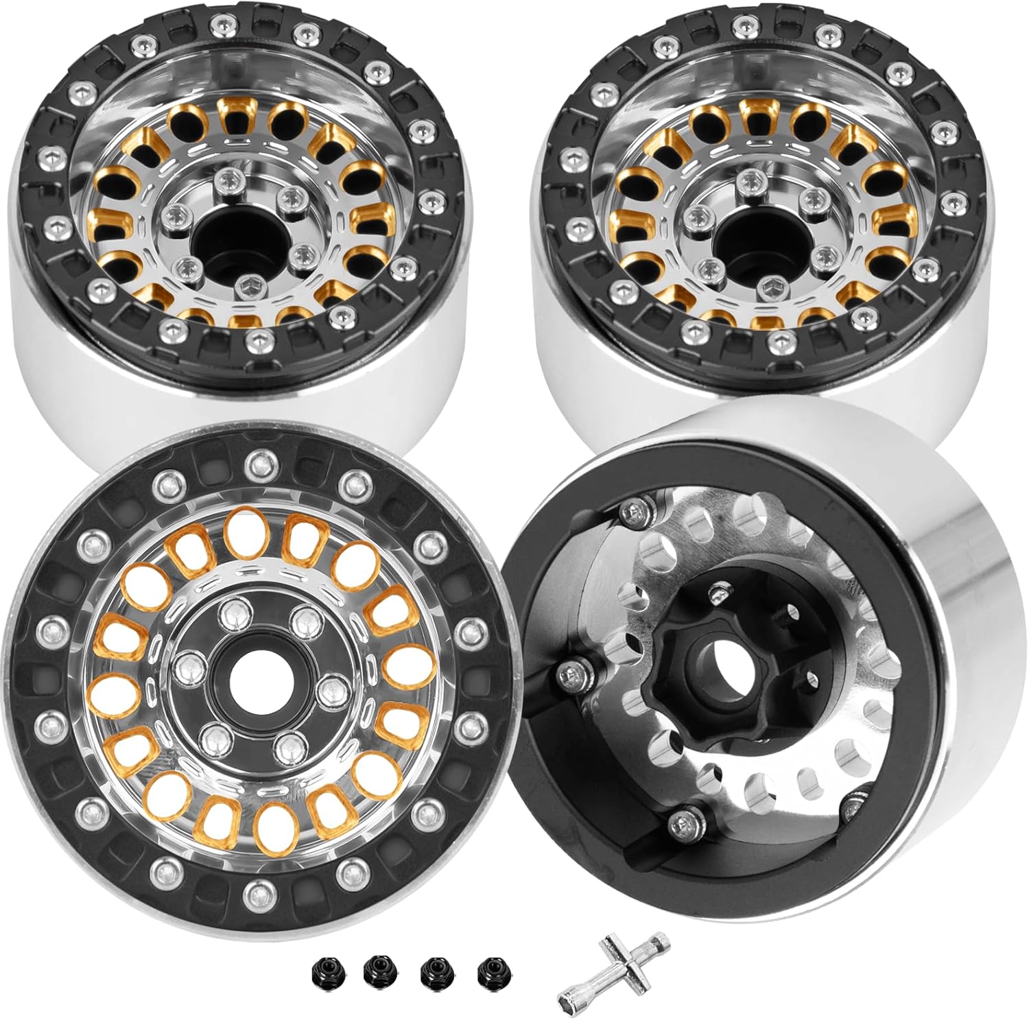 1.9 Beadlock Wheels for 1/10 RC Crawler SCX10 90046 AX103007 TRX4 TRX6 Gen7 8 D90 VS4-10 MST CFX,Super Heavy Brass & Aluminum Deep Dish Wheel,1.9" Beadlock Rims w/Wheels Ring,4pcs,Silver