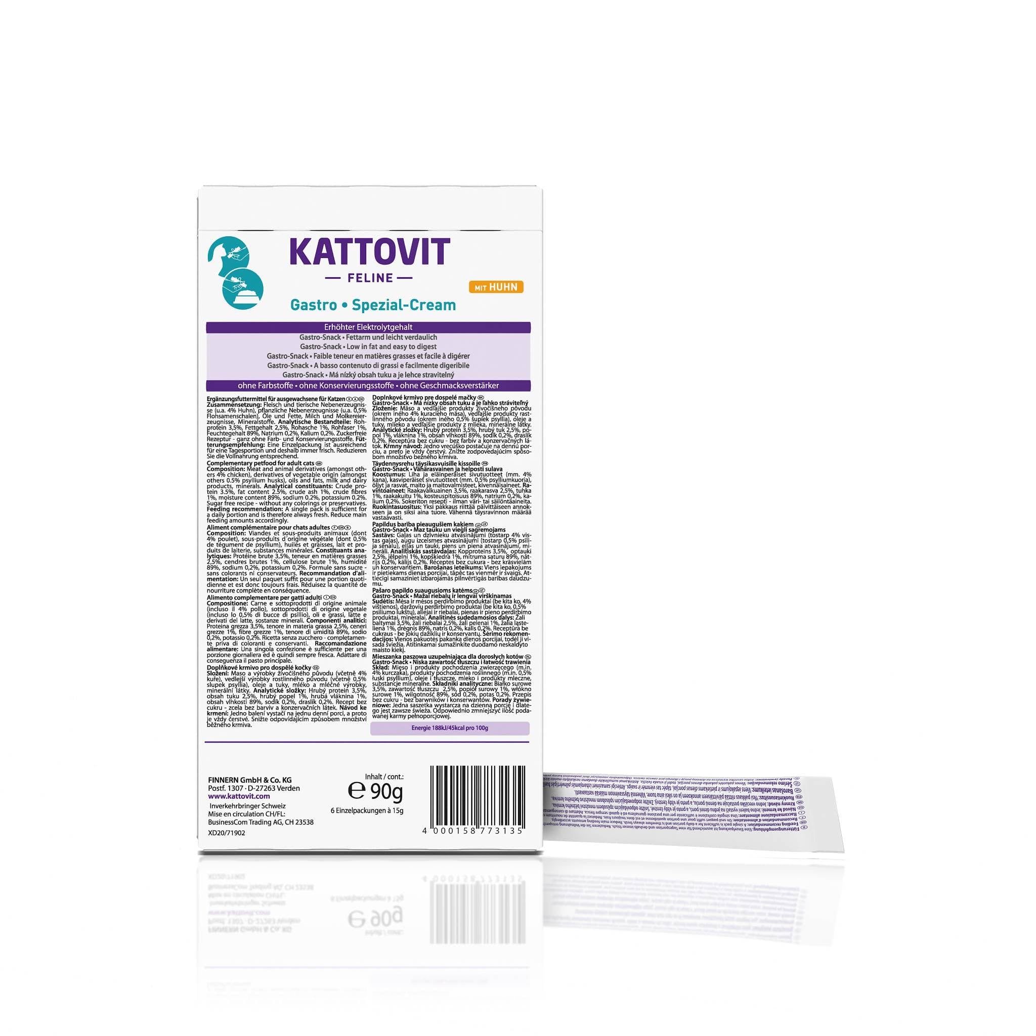 KATTOVIT - Gastro Spezial-Cream für Katzen | Katzen-Diätsnack zur Unterstützung des Magen-Darm-Systems für ausgewachsene Katzen | mit praktischer Portionierung | 11x6x15 ml Huhn