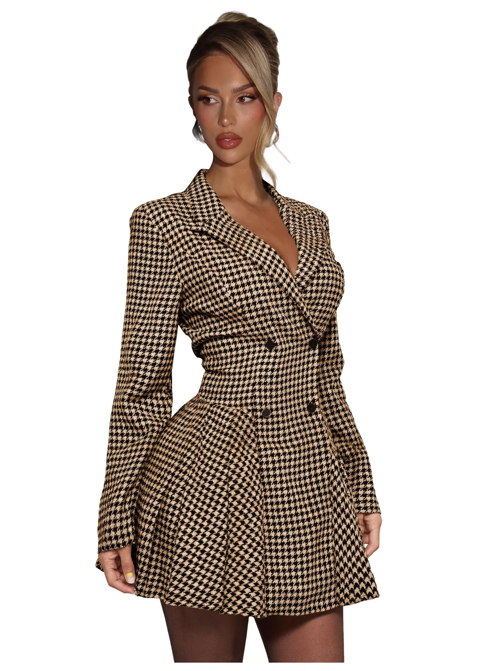 Plaid Blazer Dress for Women Sexy V Neck Double Breasted Blazer Dress Work Office Jacket Dresses for Business